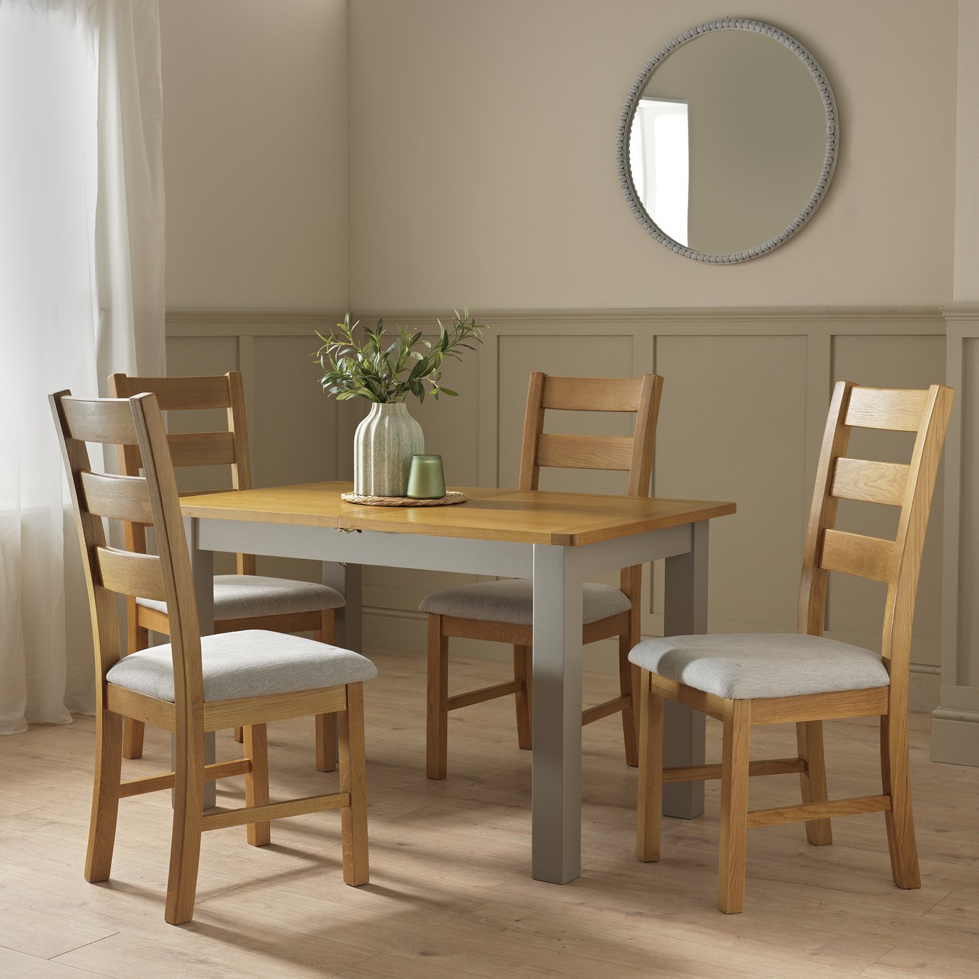 Argos Home Ashwell Ext Oak Dining Table & 4 Grey Chairs