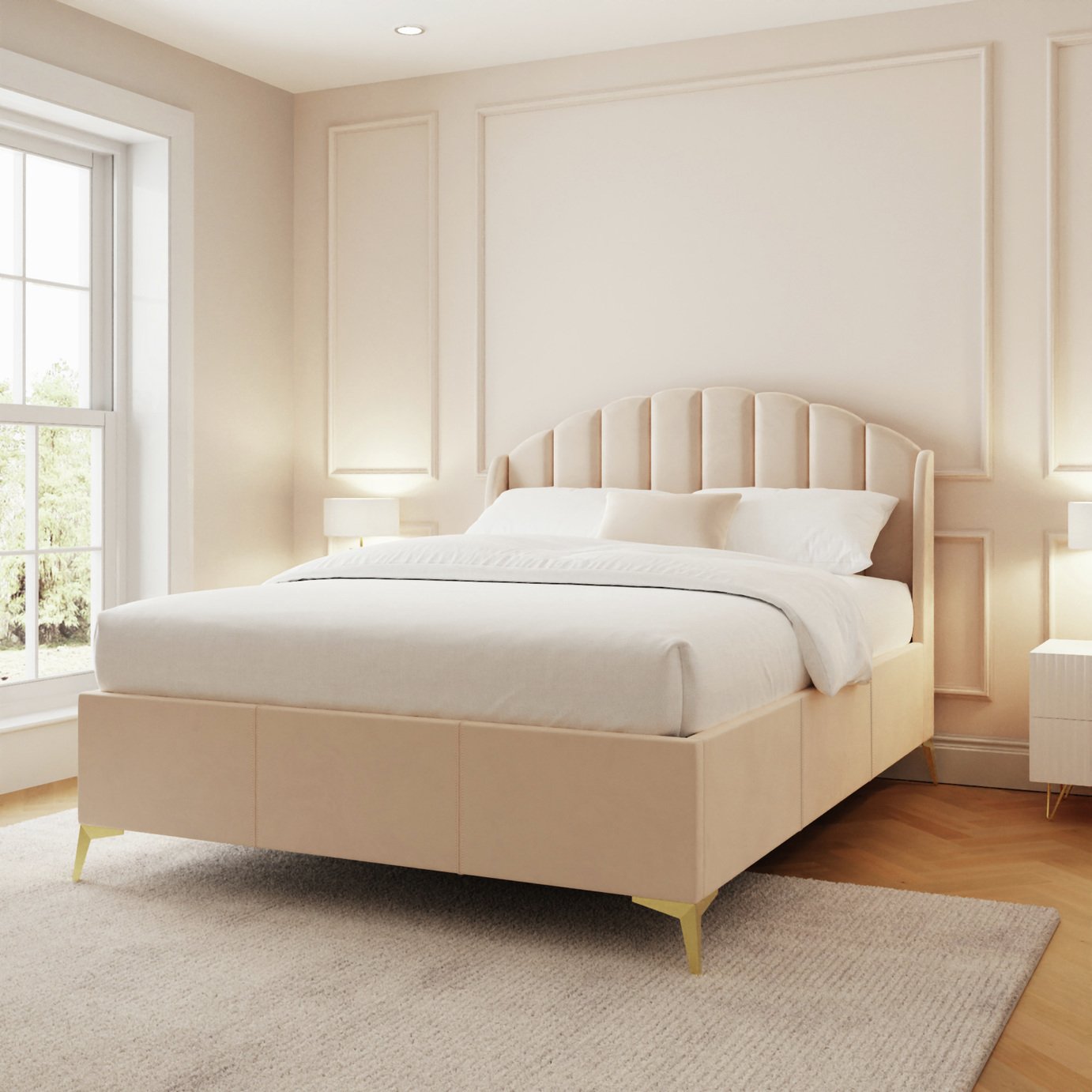 GFW Pettine Kingsize Velvet Ottoman Bed Frame - Cream