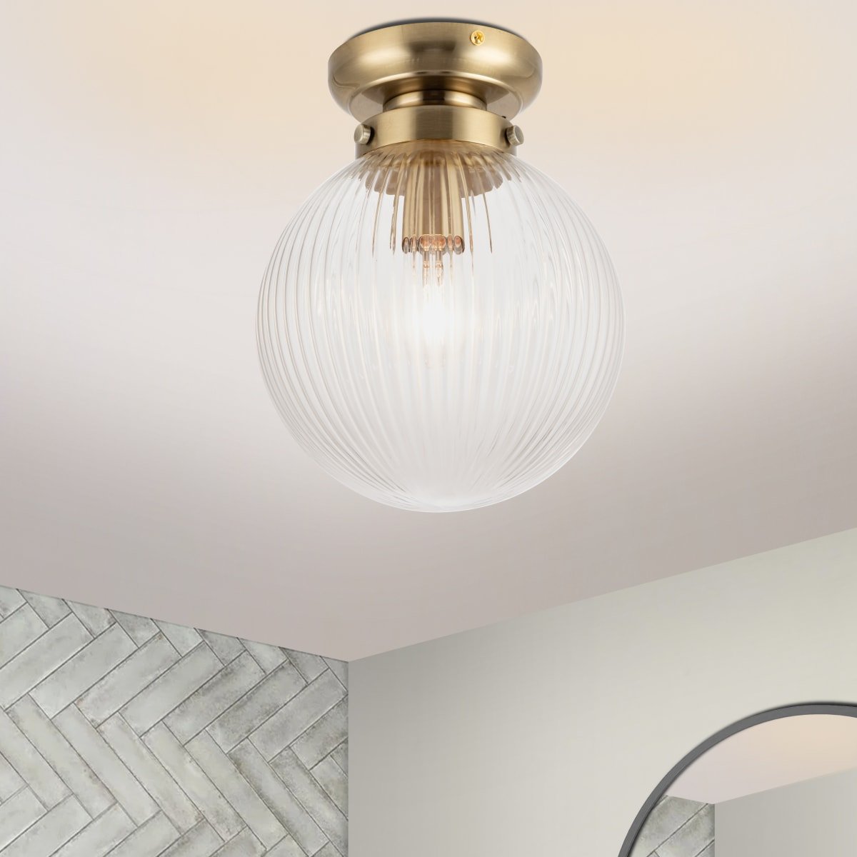 Cosylyte Finley Bathroom Classic Ribbed Glass Ceiling Light - Antique Brass