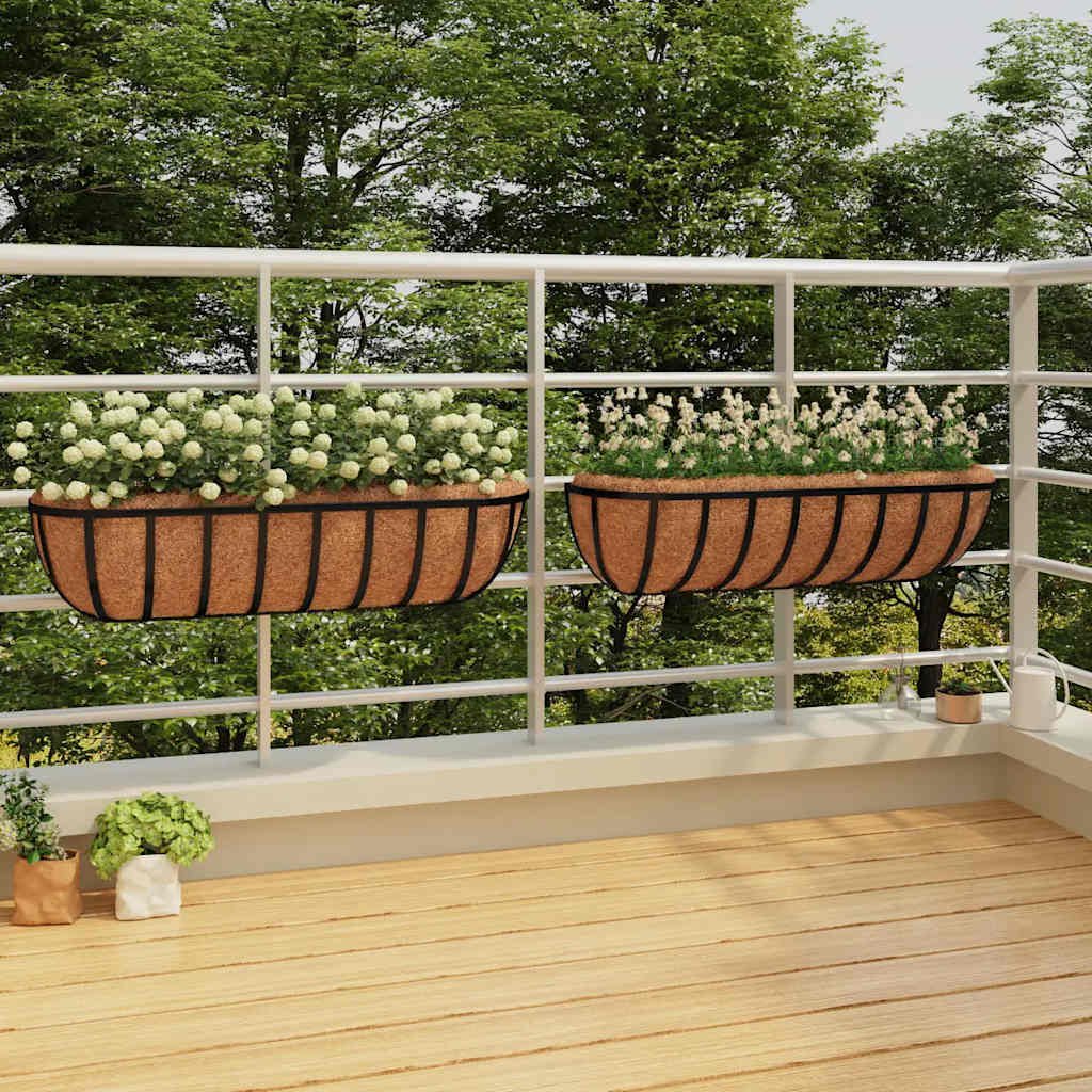 Walplus Pack of 2 Steel Wall Troughs with Coco Liners - Black - 61 x 19 x 16 cm