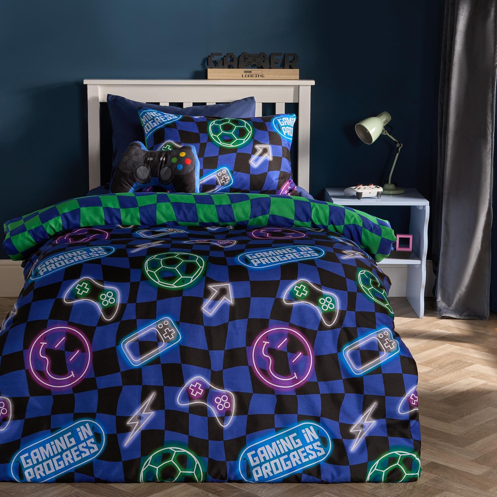 OHS Kids Neon Checkerboard Bedding Set Duvet Cover Set Blue - Single