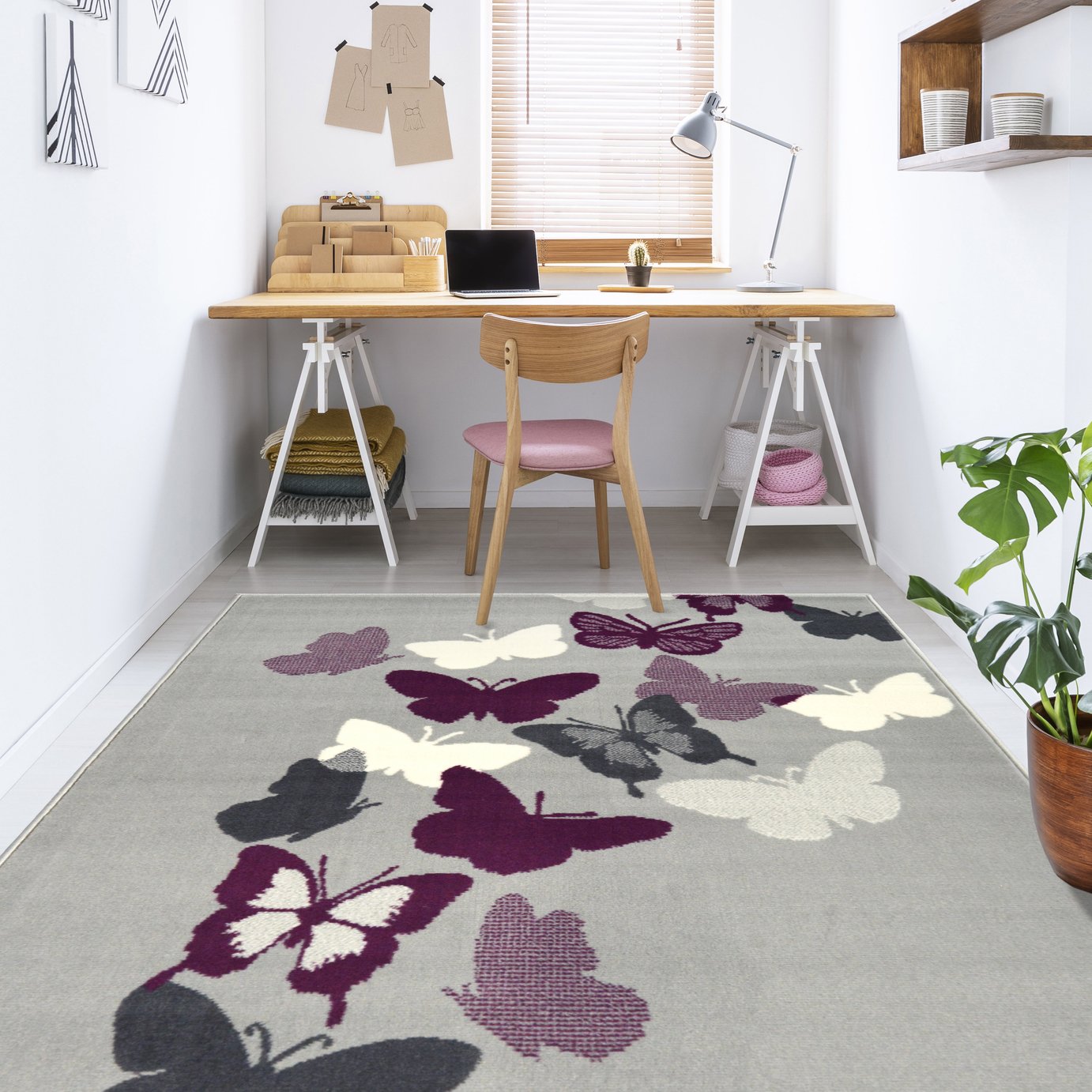 Butterflies Grey Short Pile Rug - 160x230cm