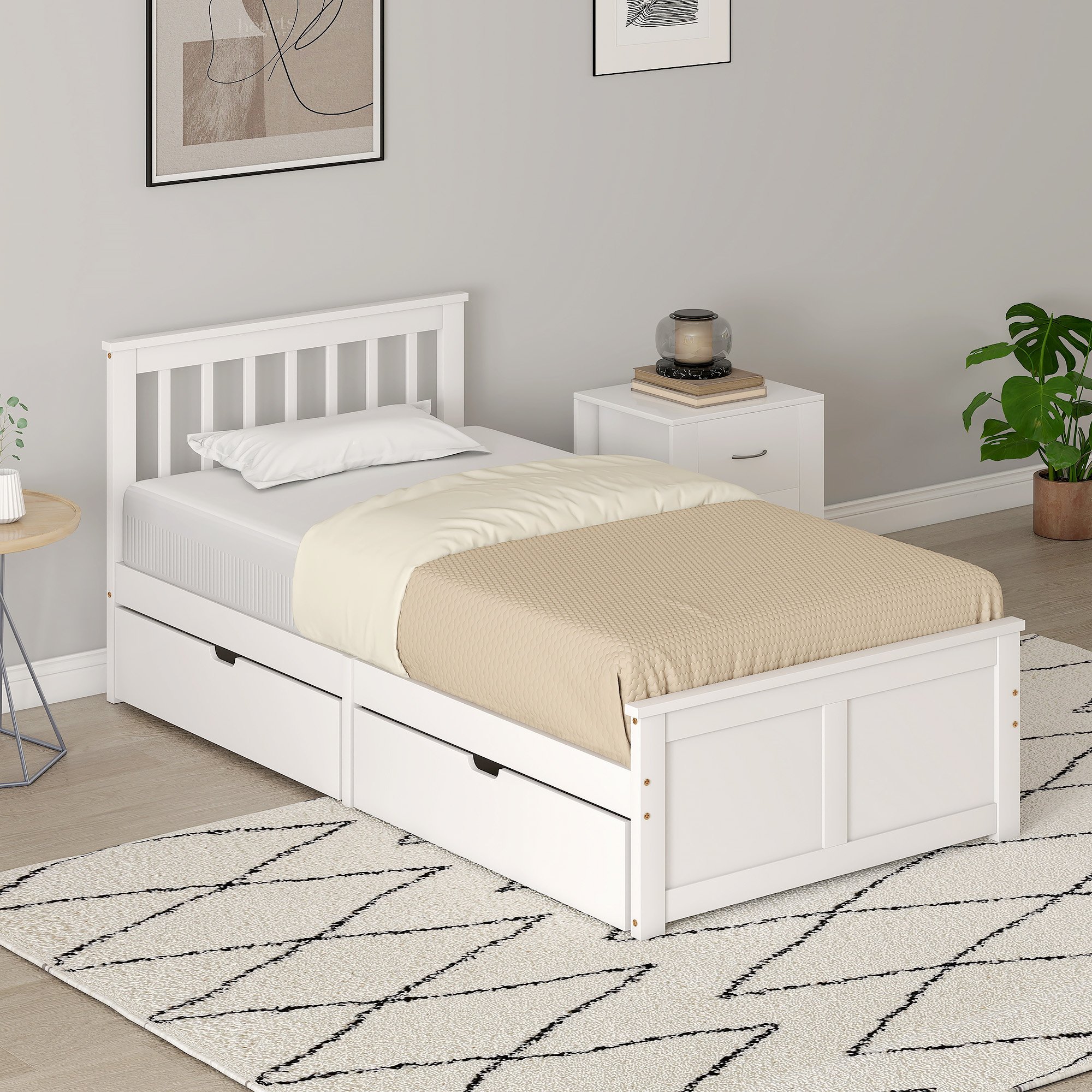 HOMCOM 3FT Single Solid Wooden Bed Frame with Drawers - White
