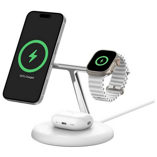 Belkin 3-In-1 MagSafe Compatible Qi2 Wireless Charger - White
