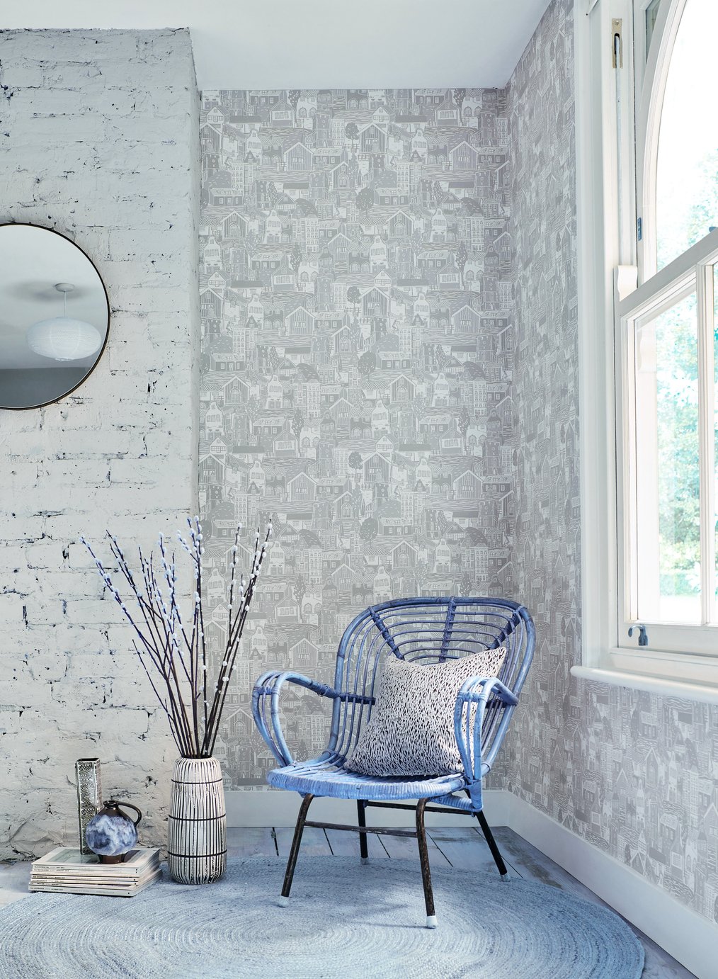 Scion Stockholm Overlaid Buildings Grey Wallpaper