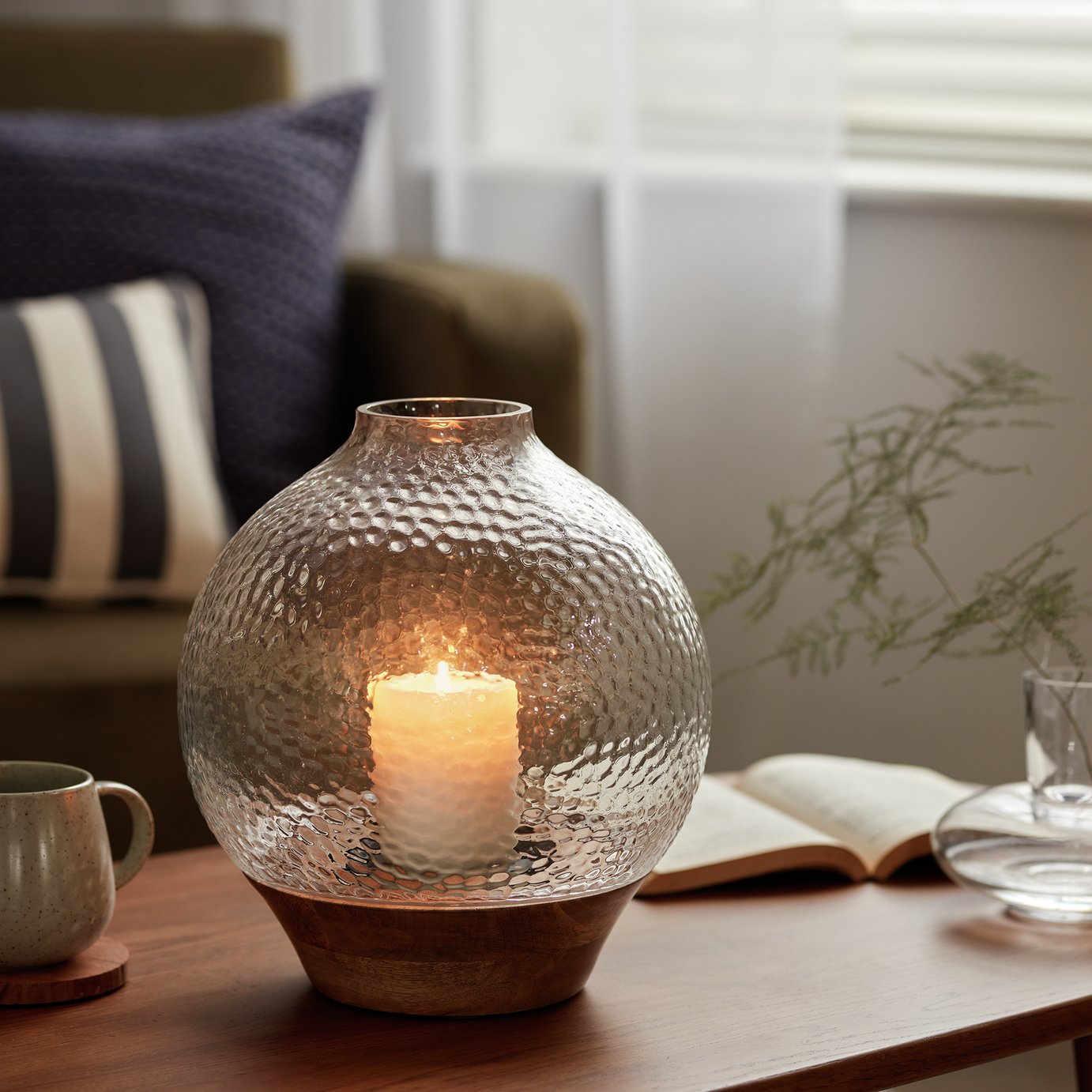 Habitat Hammered Wooden Base Hurricane Candle Holder