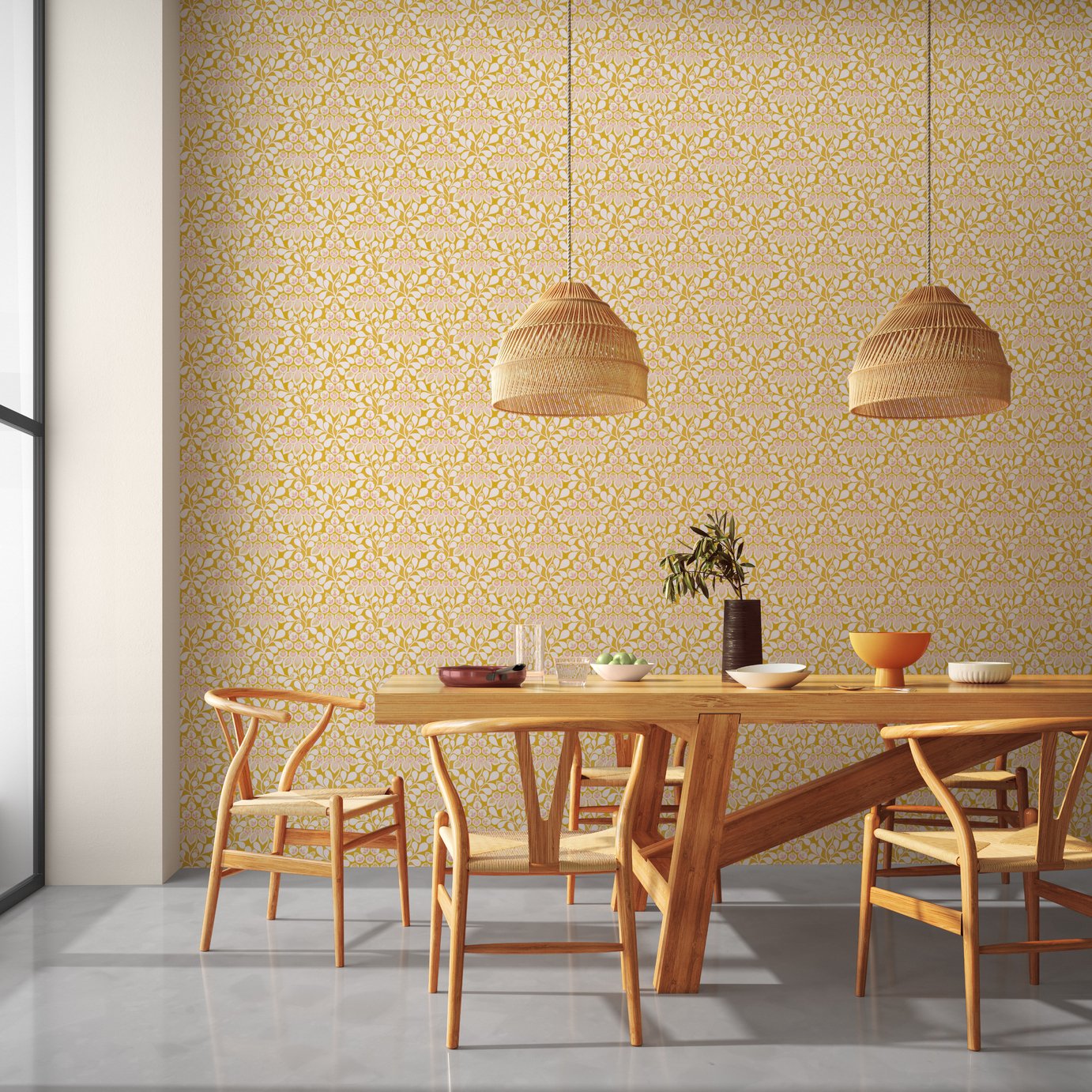 Scion Elsa Classic Arts & Crafts Pattern Yellow Wallpaper 