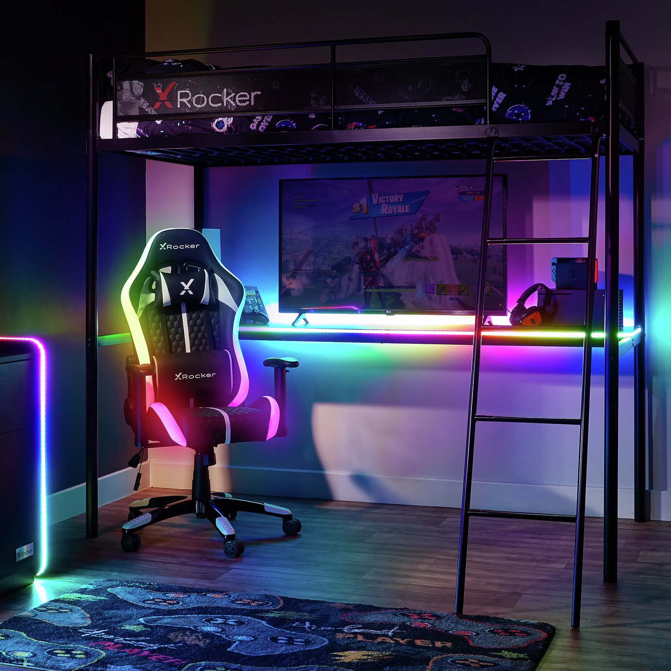 X Rocker HQ RGB LED Gaming High Sleeper With Mattress -Black