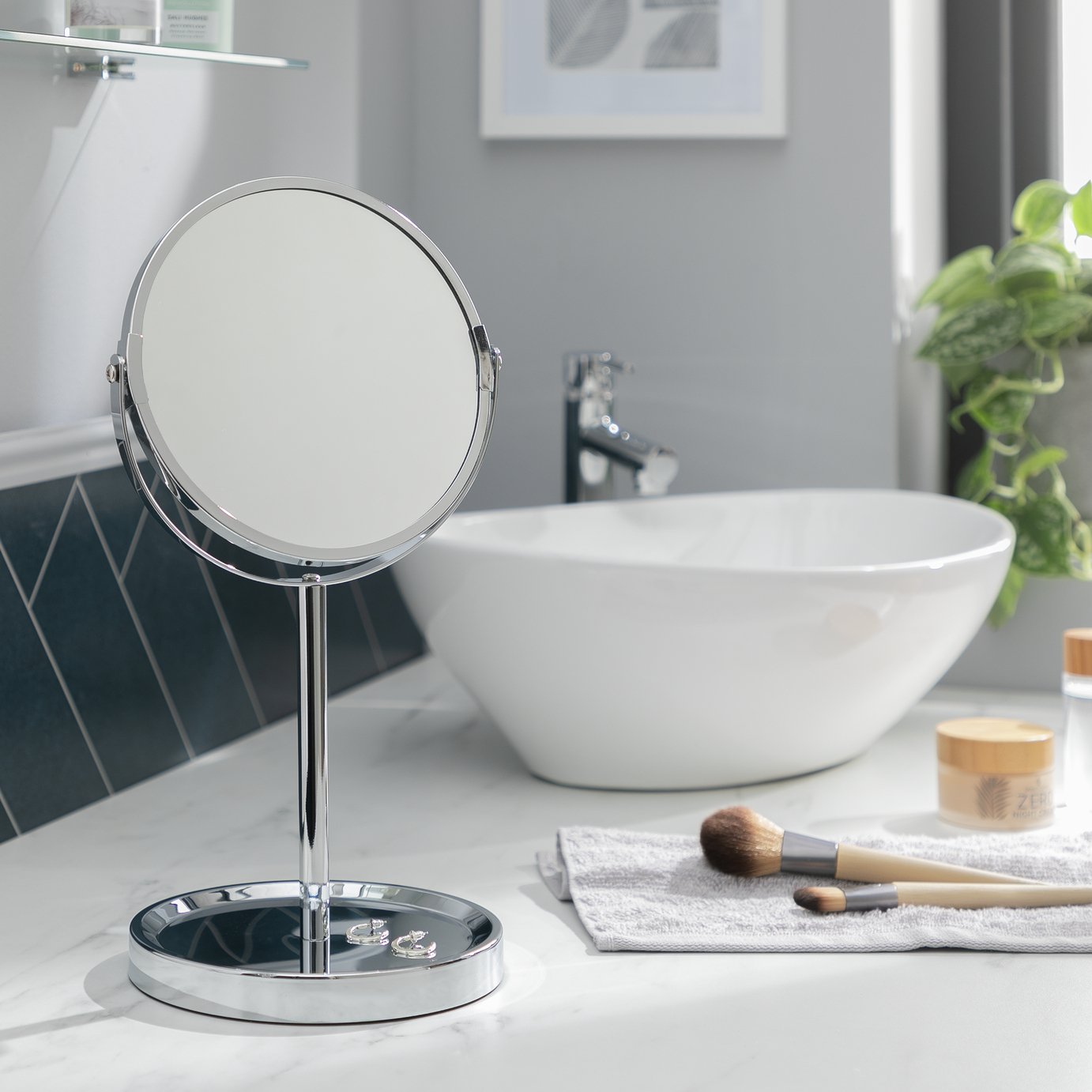 Argos Home Chrome Round Pedestal Mirror with Tray - 34x19cm