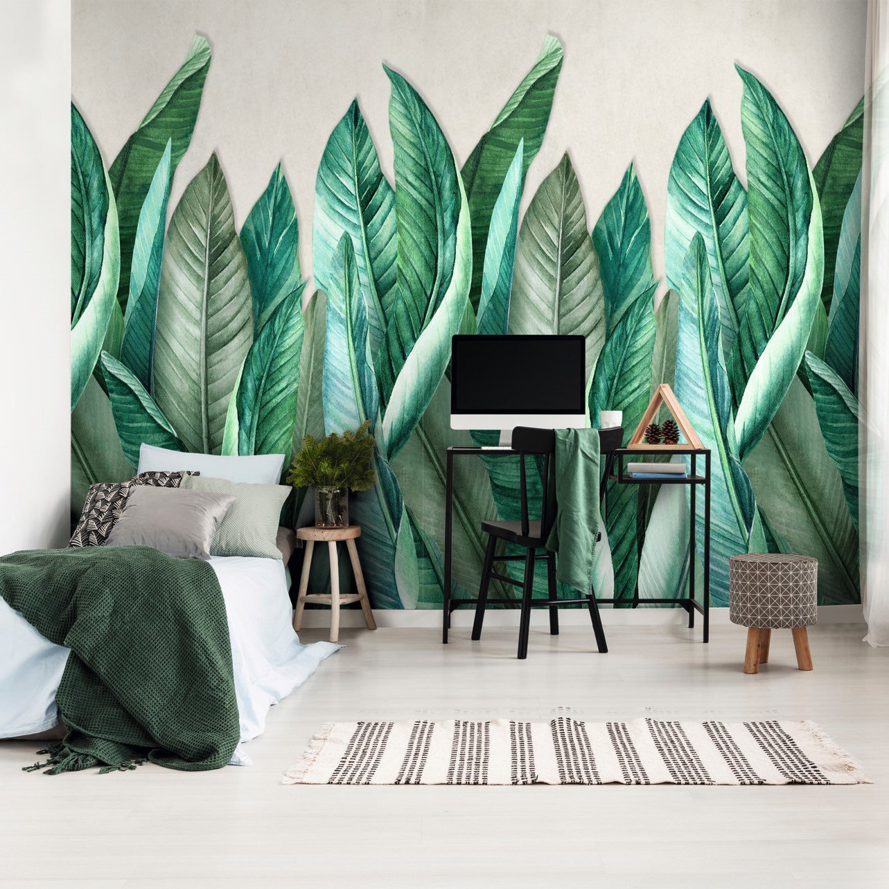 Grandeco Banana Leaf 3 lane Repeatable Textured Wallpaper Mural  - Green