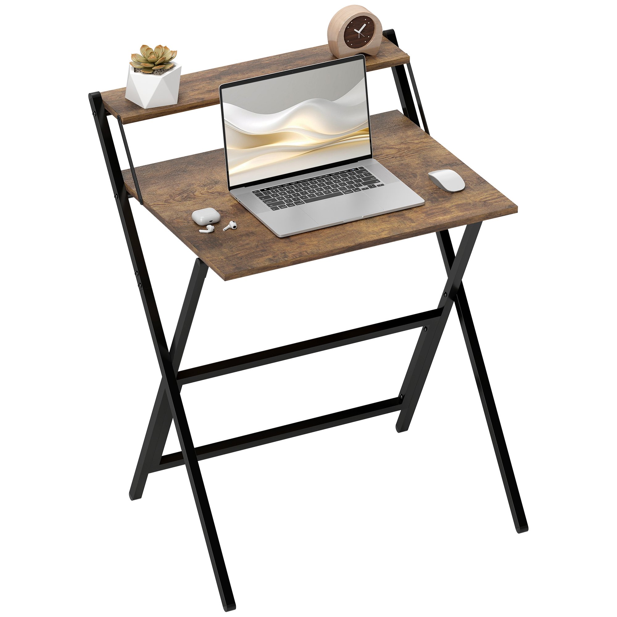 HOMCOM Folding Computer Desk with Monitor Shelf - Rustic Brown