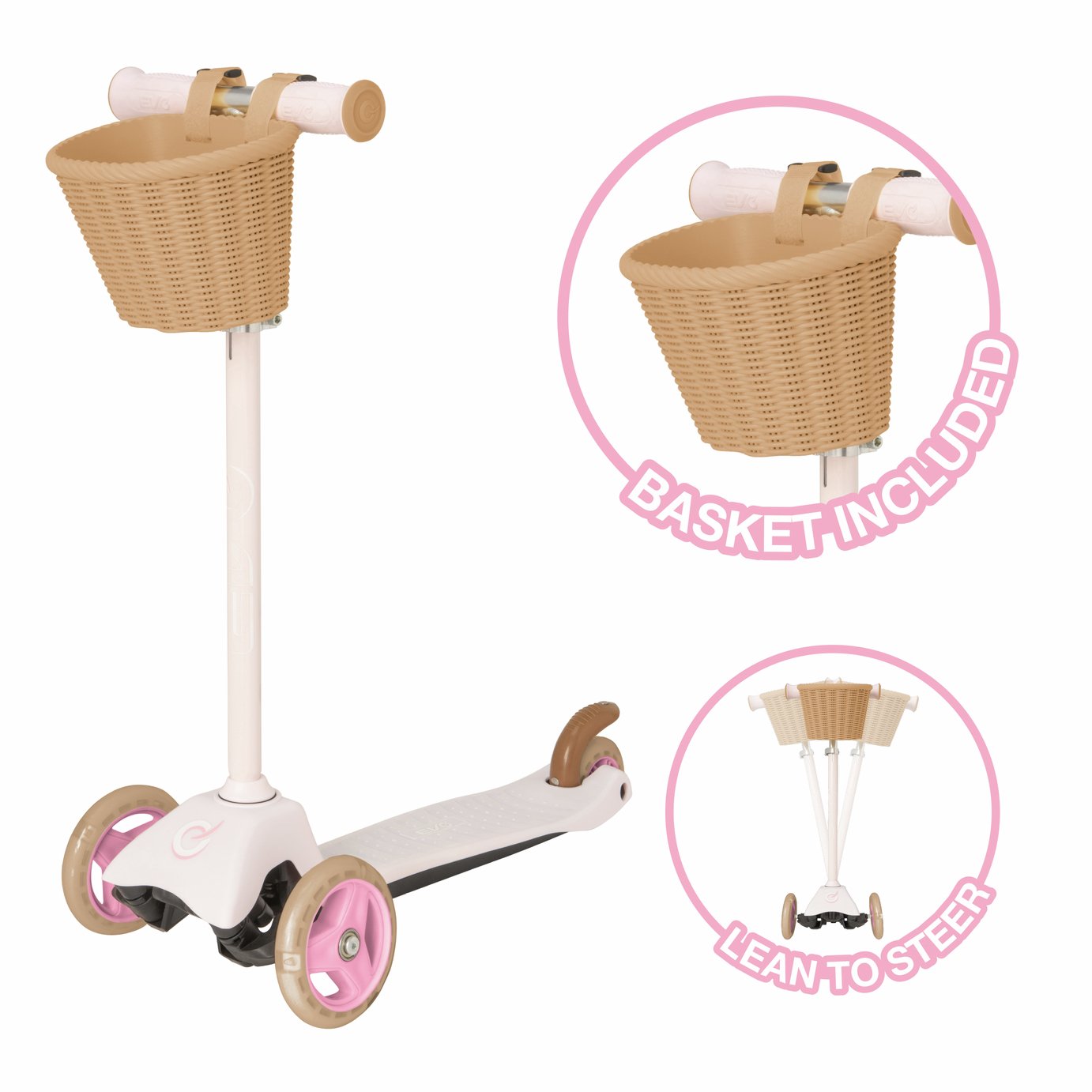 EVO Mini Cruiser 3 Wheel Scooter with Basket - Pink Pastel