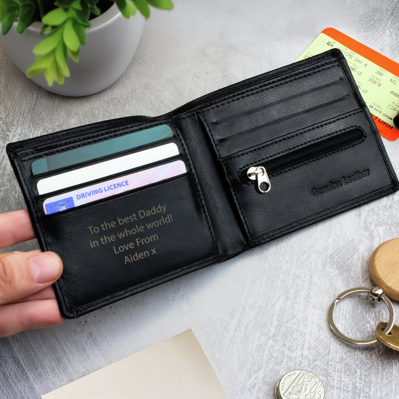 Personalised Message Free Text Black Leather Wallet