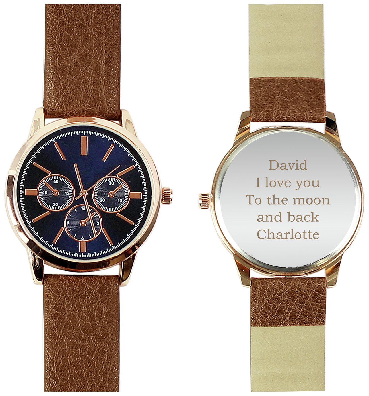 Personalised Message Men's Brown Strap Rose Gold Watch 