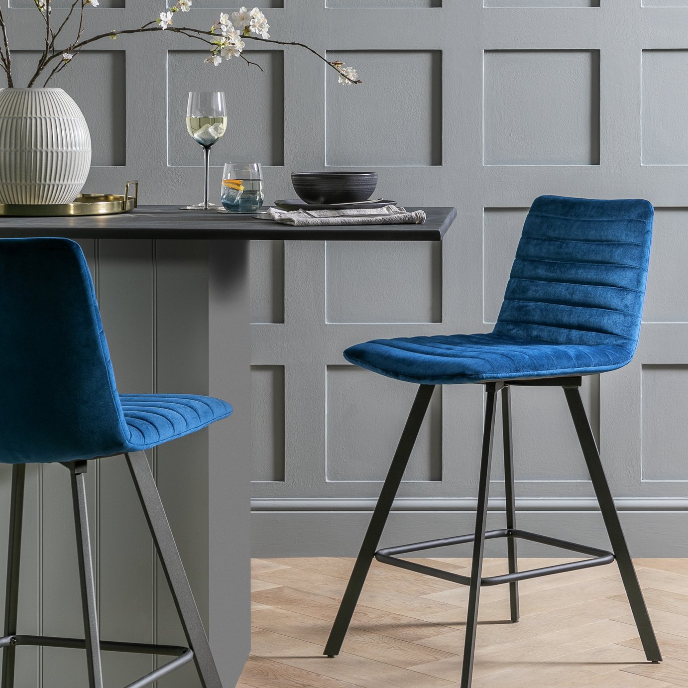 Argos Home Keaton Velvet Counter Bar Stool - Dark Blue