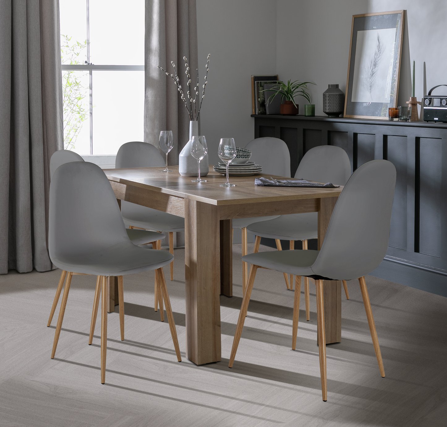 Argos Home Miami Ext Oak Dining Table & 4 Grey Chairs