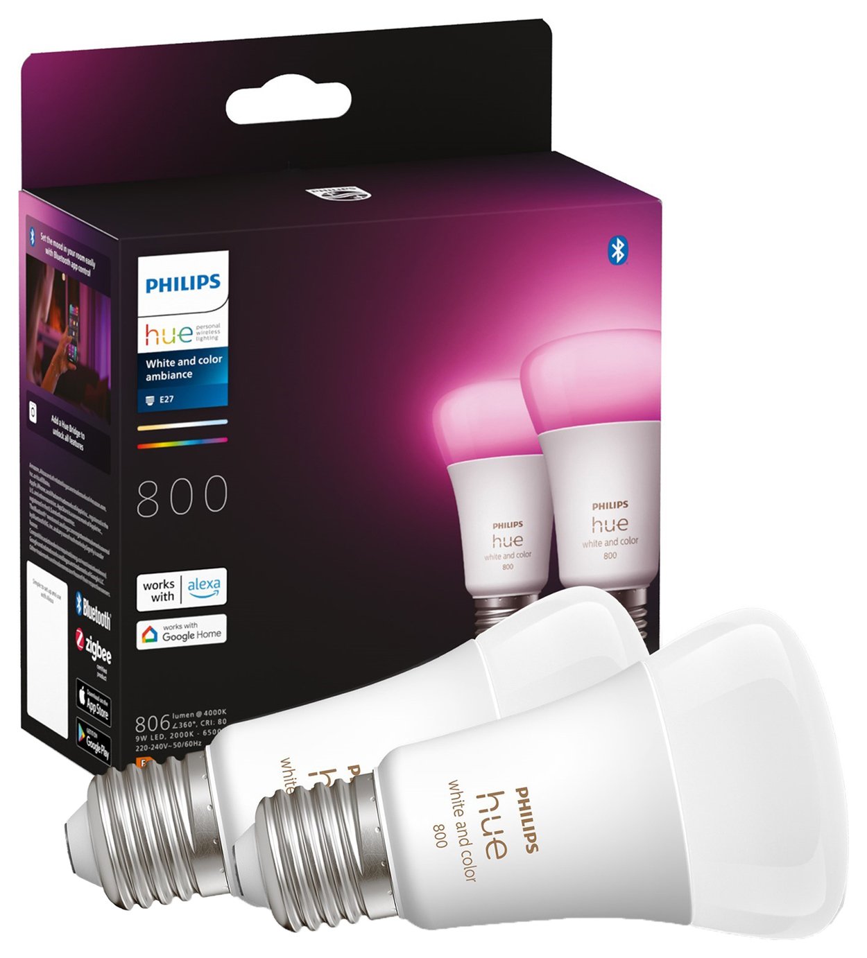 Philips Hue White and Colour E27 9W Smart LED Bulbs - 2 Pack