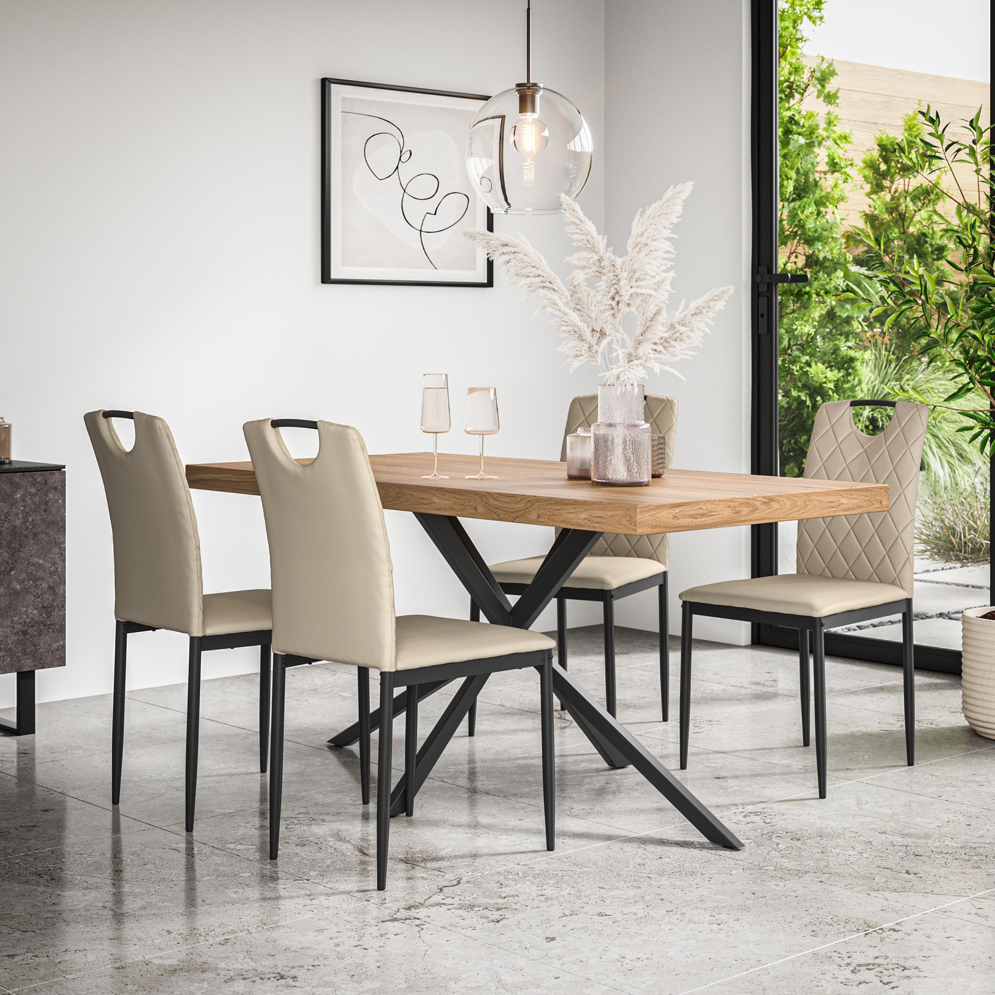 Furniture Online Donni Monza Oak Effect Dining Table & 4 Beige Chairs