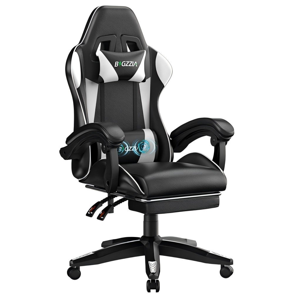 Rattantree Ergonomic Massage Gaming Chair with Footrest - White & Black