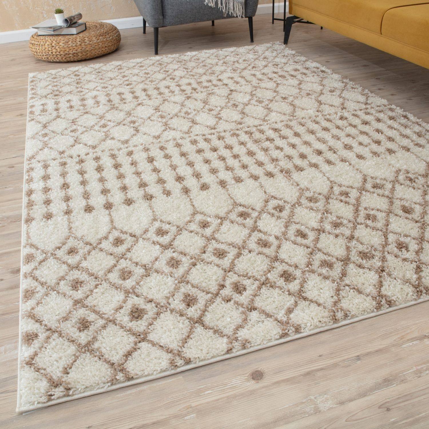 The Rugs  Cream and Beige Moroccan Shaggy Tribal Rug - 60 x 110cm