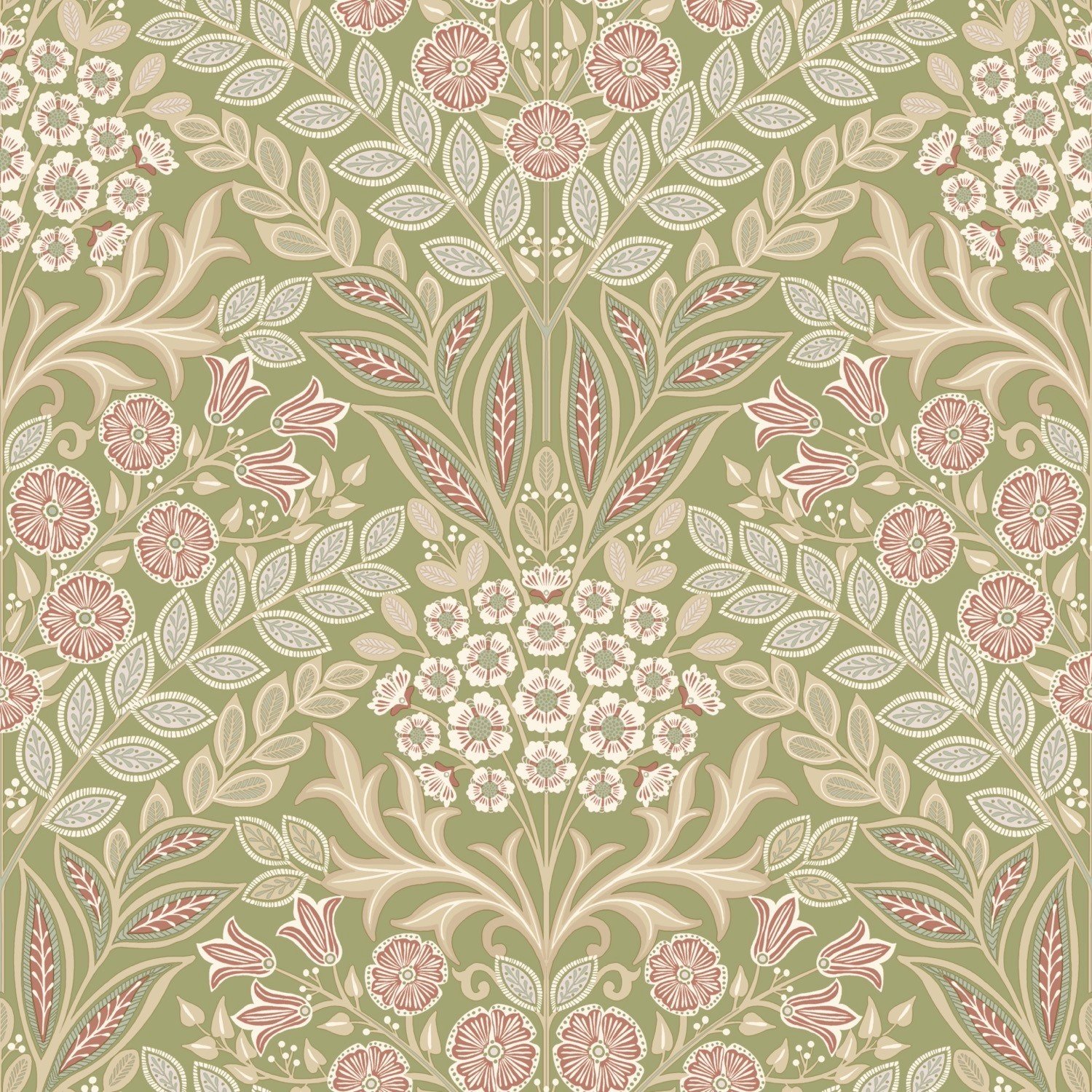 Grandeco Belevedere Arts and Crafts Floral Damask - Green