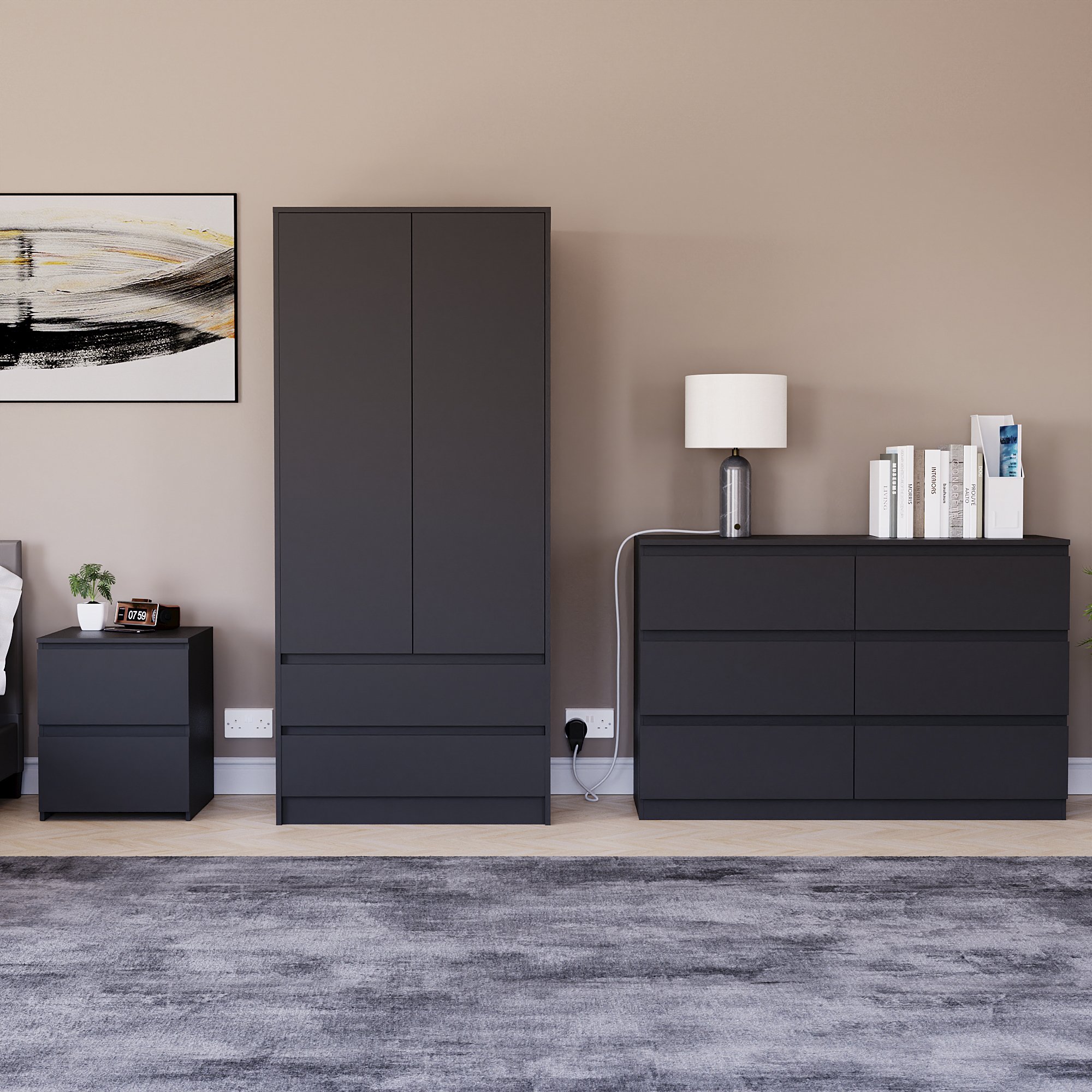 Vida Designs Denver Bedroom Set (Bedside, 6 Drawer Chest, 2x2 Wardrobe) - Black