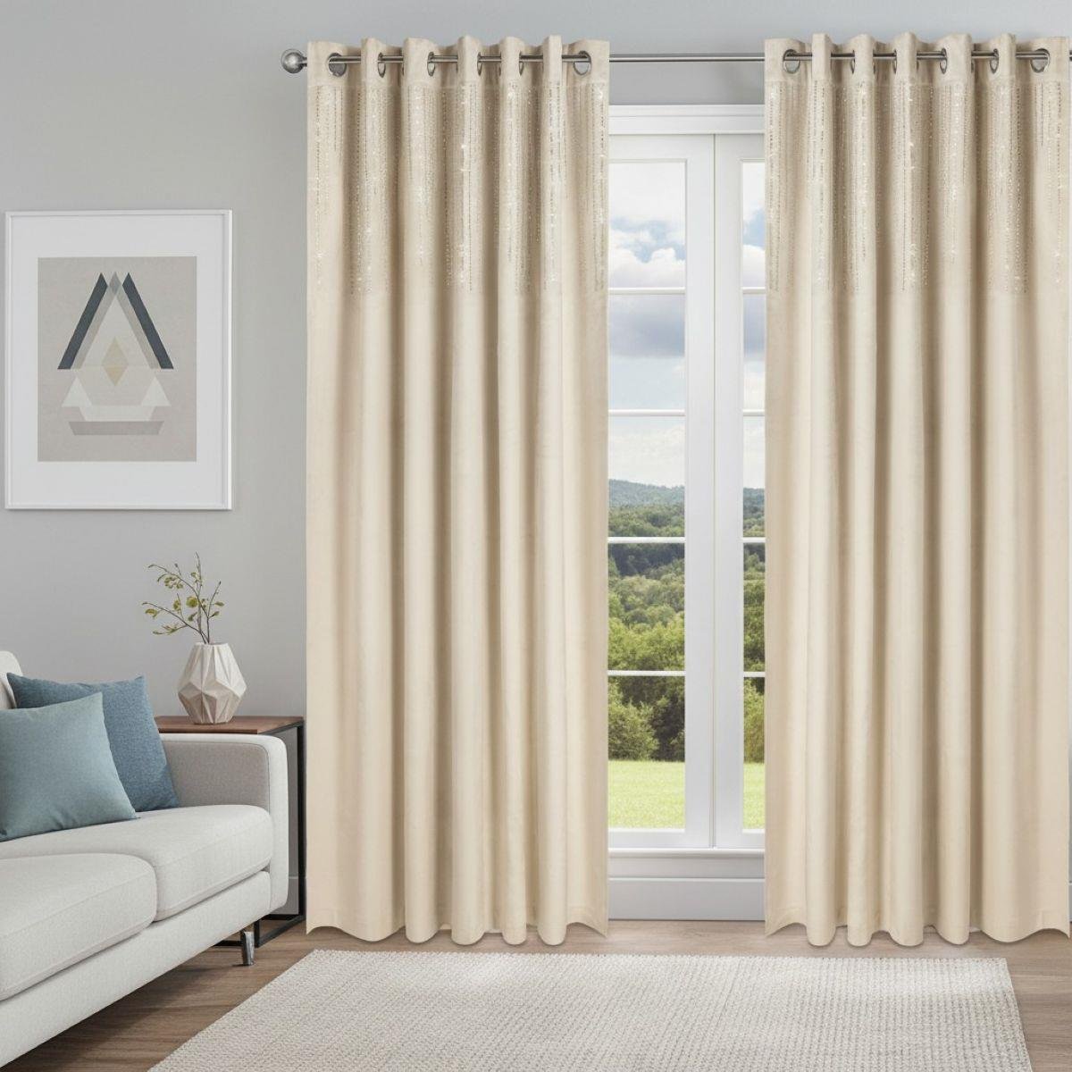 Luxury Living Blackout Velvet Diamante Eyelet Curtains 117cm x 137cm - Cream