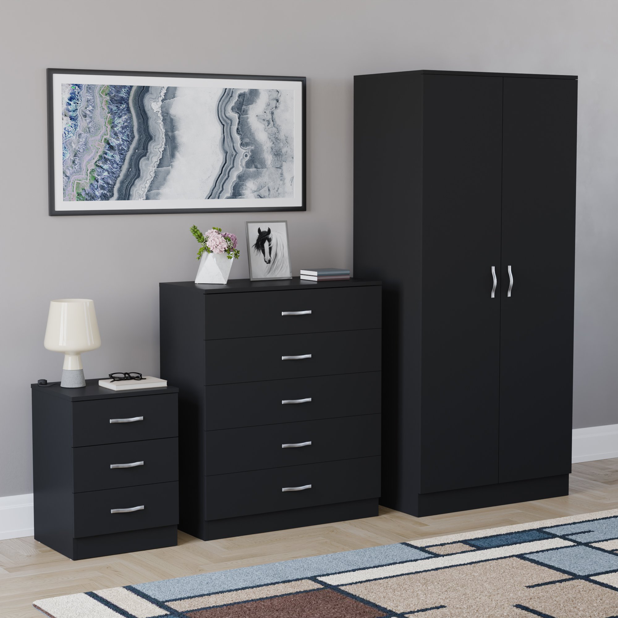 Vida Designs Riano Bedroom Set (Bedside, 5 Drawer Chest, 2 Door Wardrobe)- Black