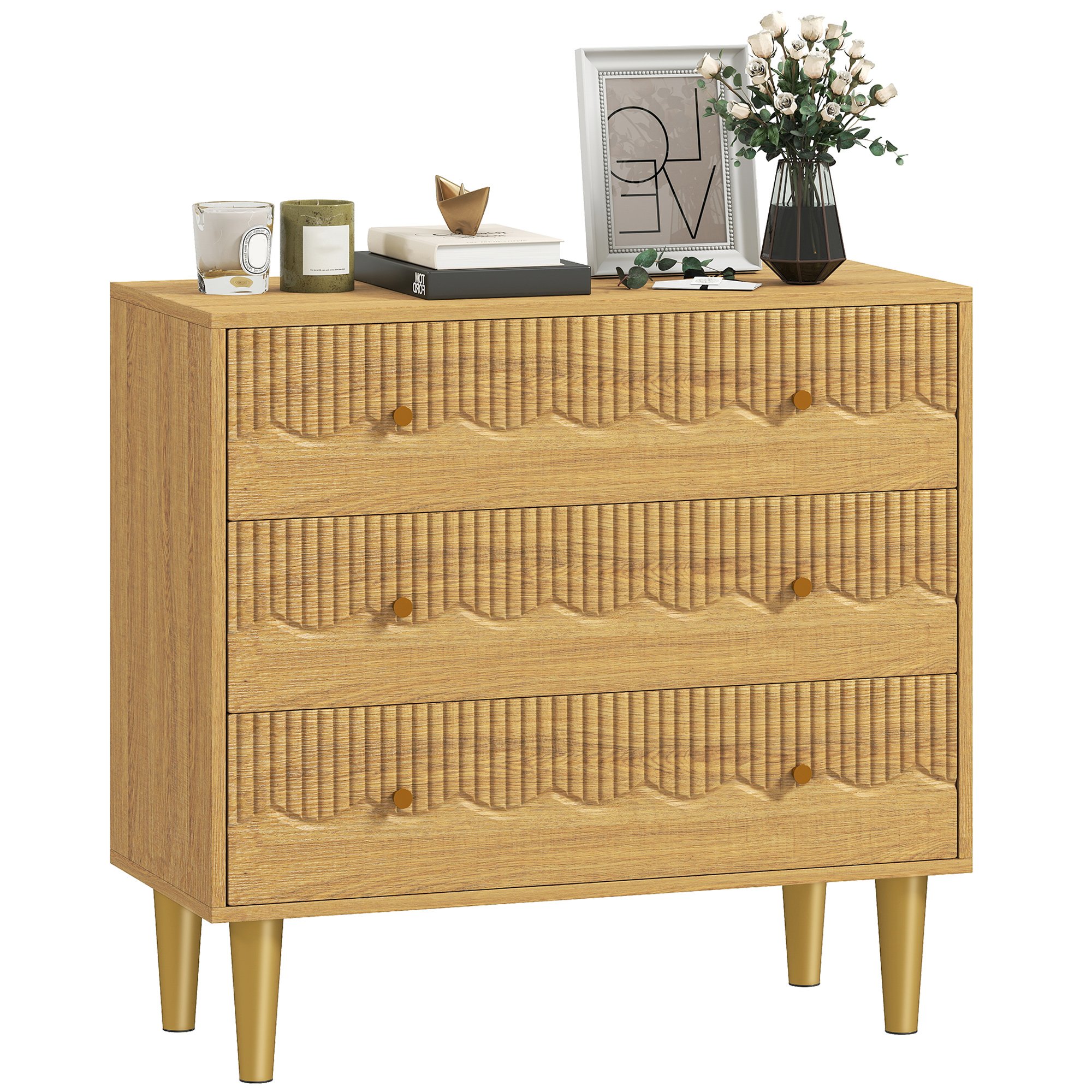 HOMCOM Steel  3 Drawer Chest with Steel Legs and Wooden Top - Oak