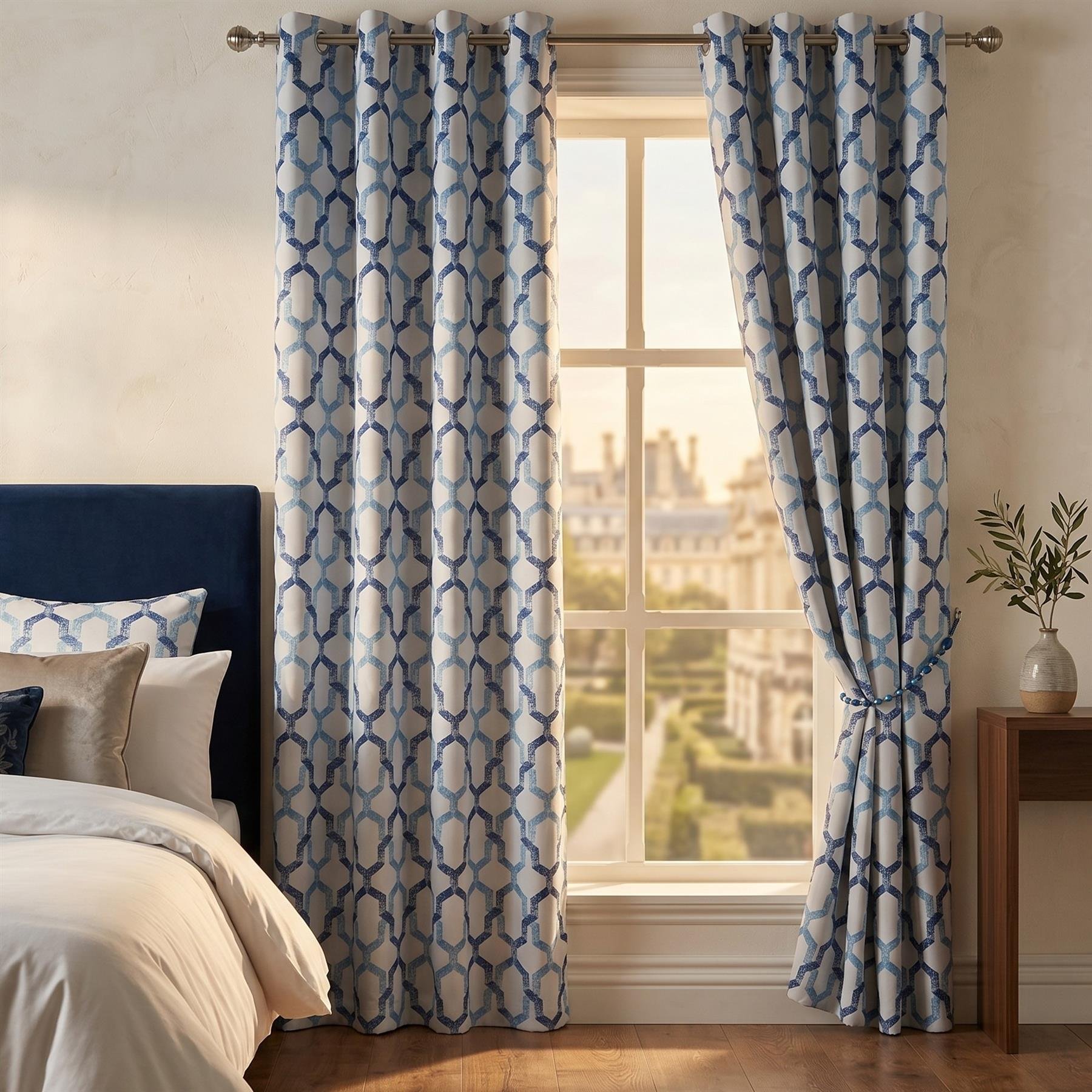 Luxury Living Geo Blackout Eyelet Curtains 168cm x 137cm - Blue
