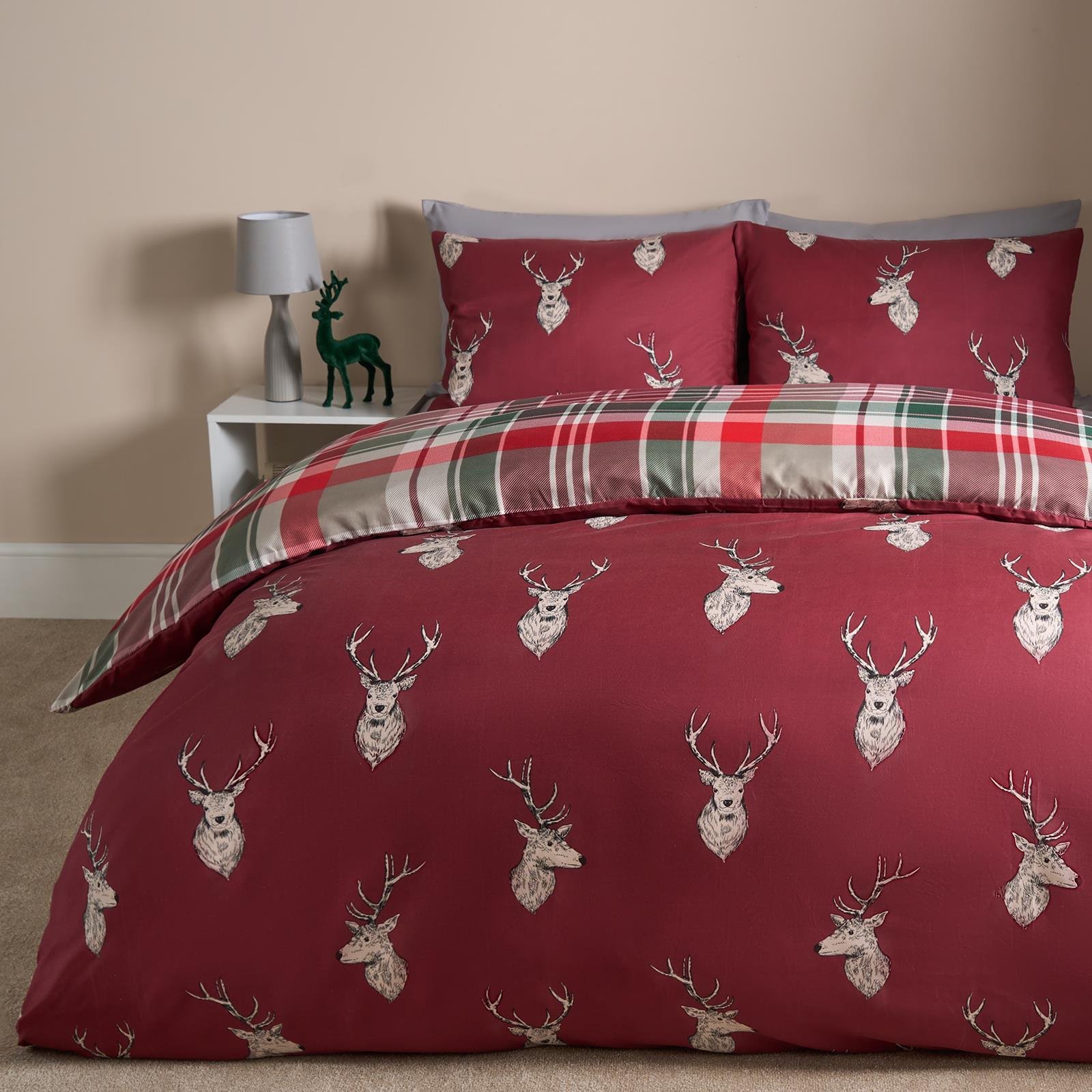 OHS Stag Duvet Cover Check Bedding Set Christmas Winter Red - Double