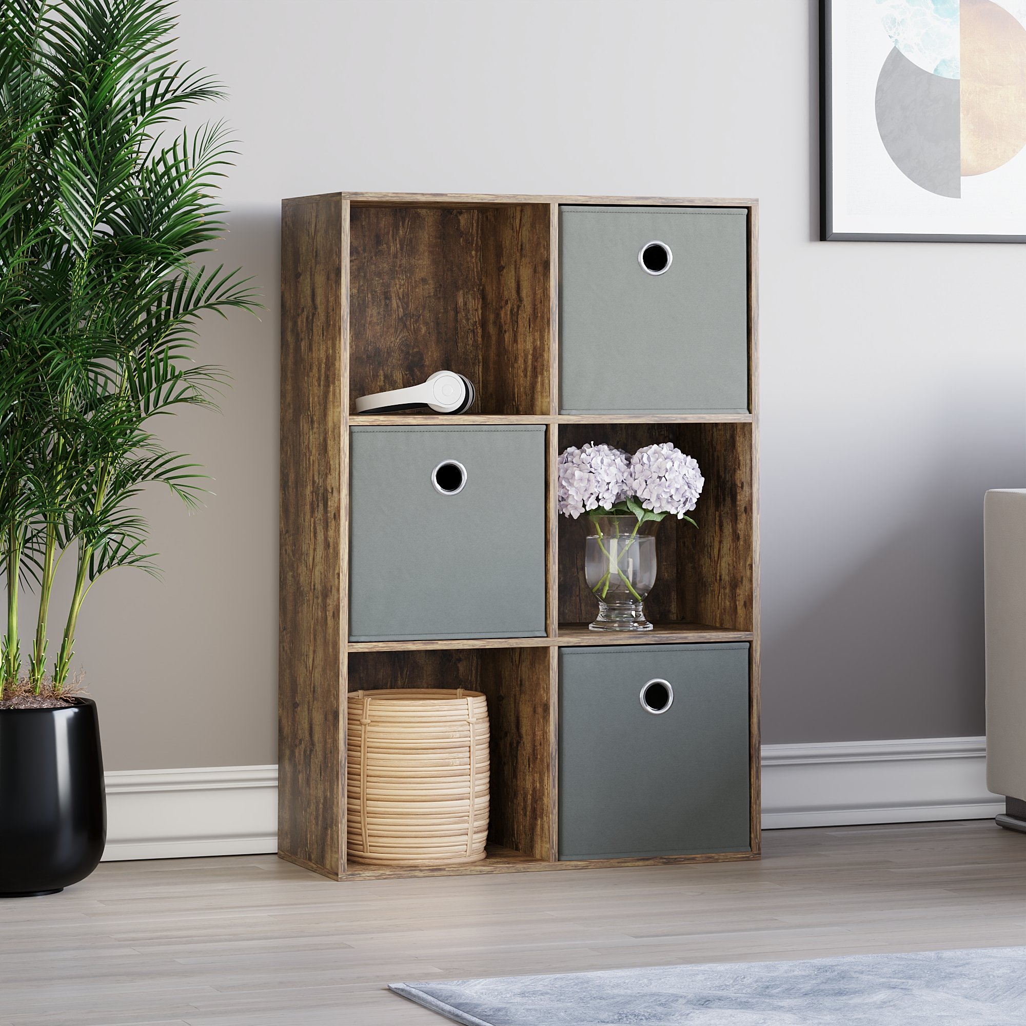 Vida Designs Durham 6 Cube Tall Storage Unit with 3 Grey Baskets - Dark Brown