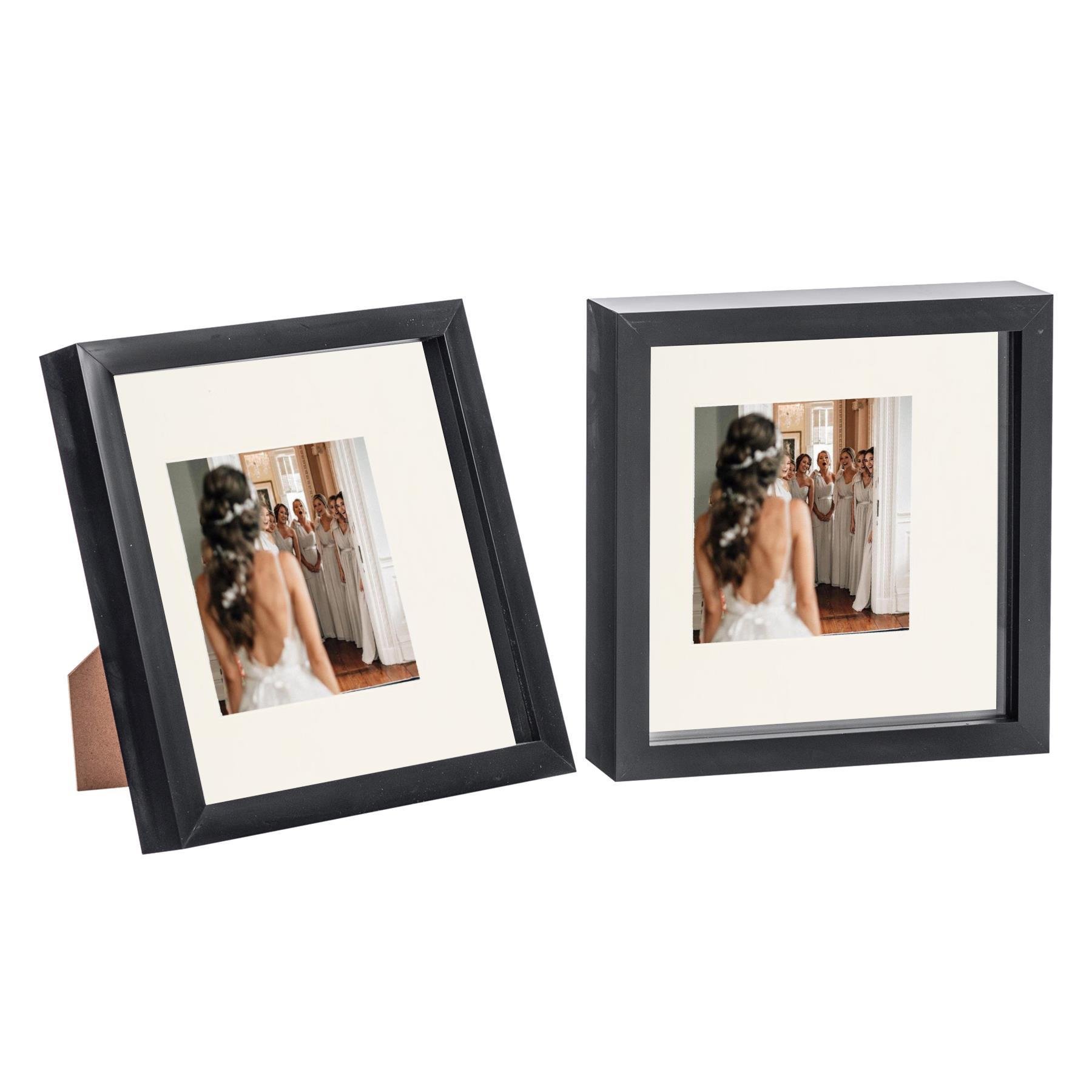 Nicola Spring 8 x 8" 3D Box Photo Frames with 4 x 4" Ivory Mount (2x) - Black