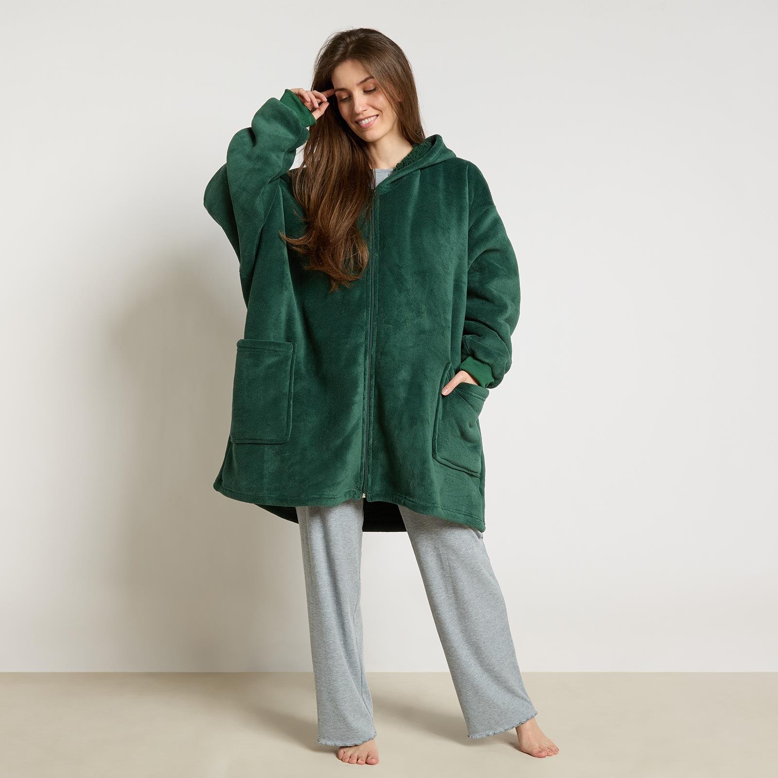 OHS Plain Zipper Hoodie Blanket - One Size - Forest Green