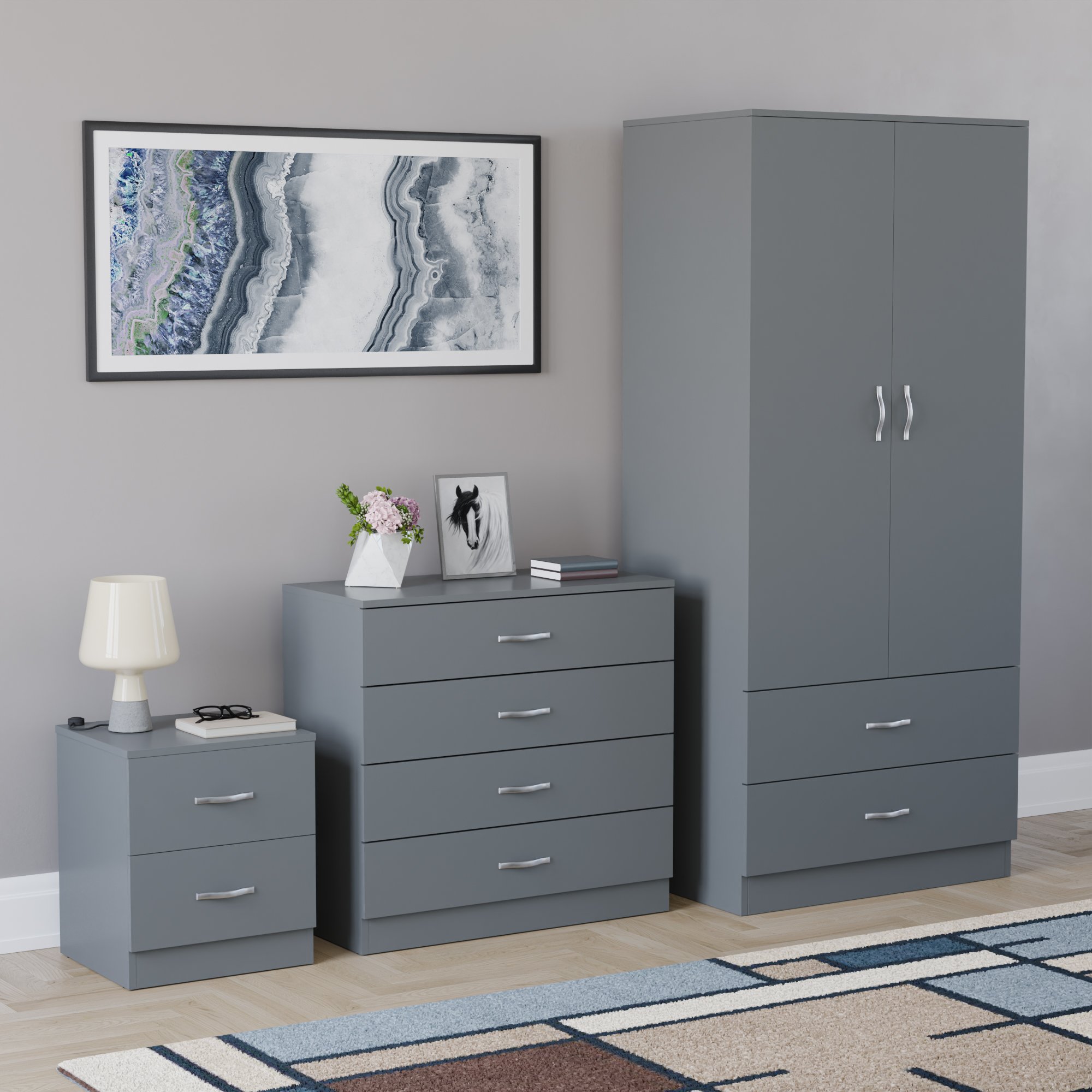 Vida Designs Riano Bedroom Set (Bedside, 4 Drawer Chest, 2x2 Wardrobe) - Grey