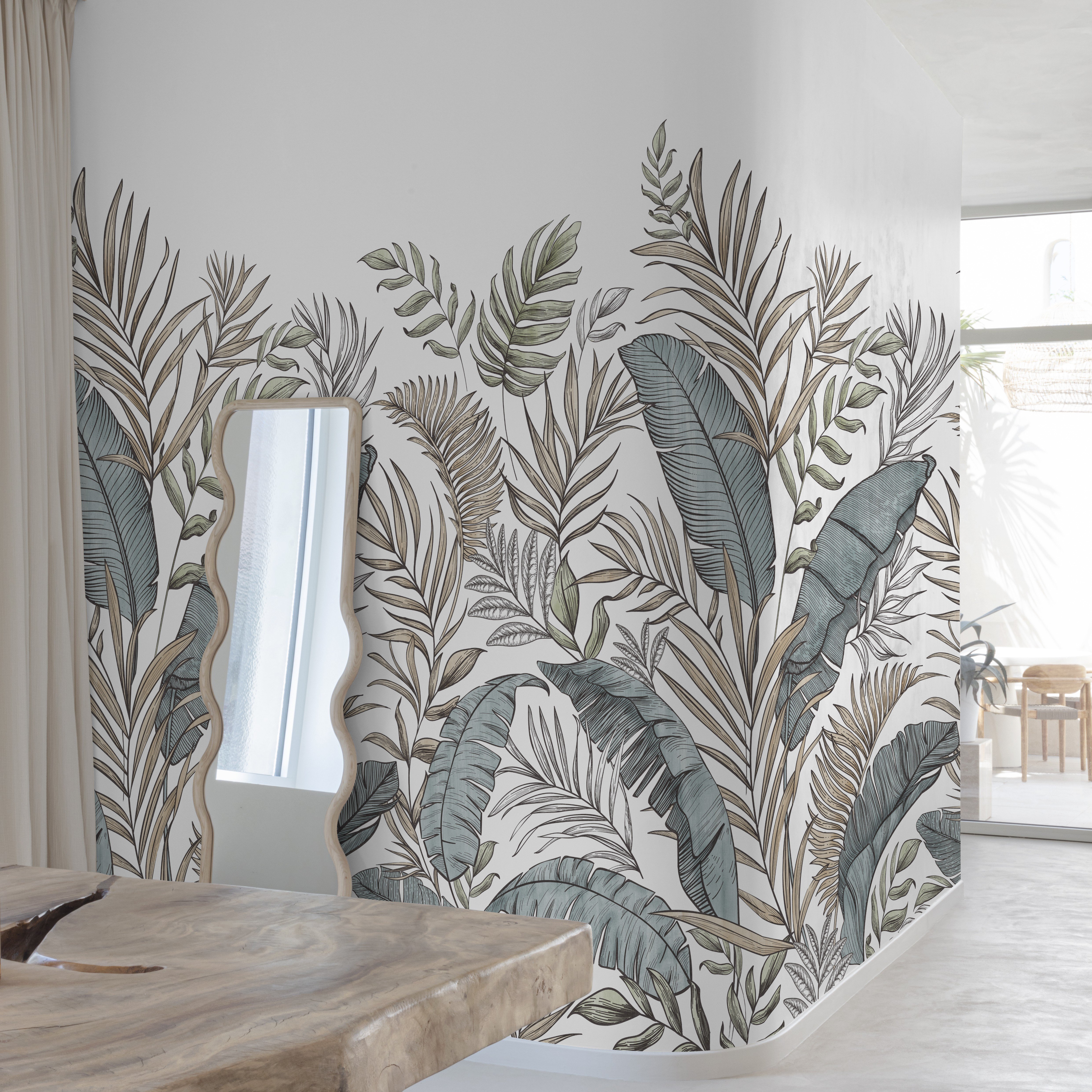 Grandeco Calobra Botanical Leaf 3 Lane Repeatable Wallpaper Mural   - Green