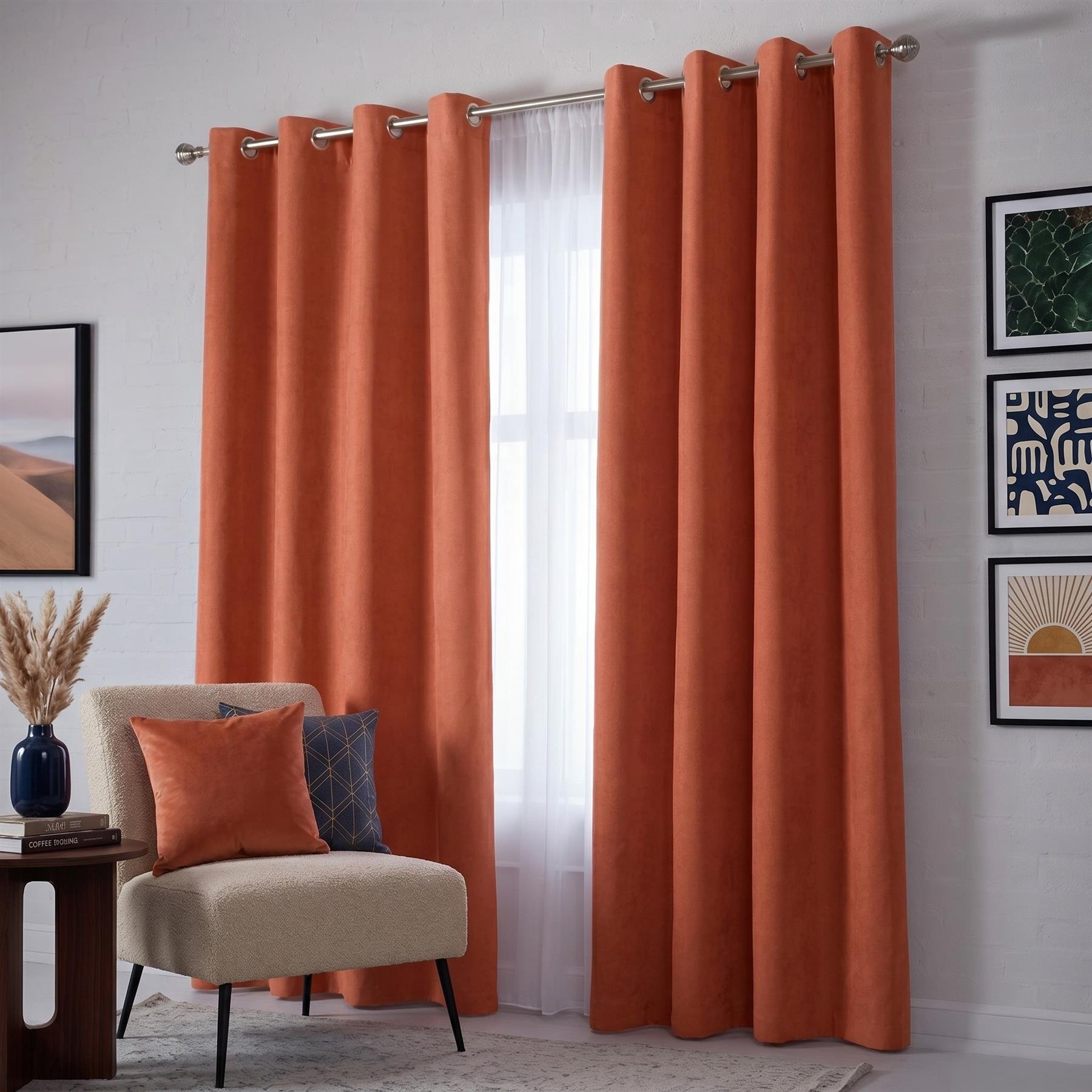 Luxury Living Velvet Chenille Eyelet Curtains 142cm x 137cm - Orange