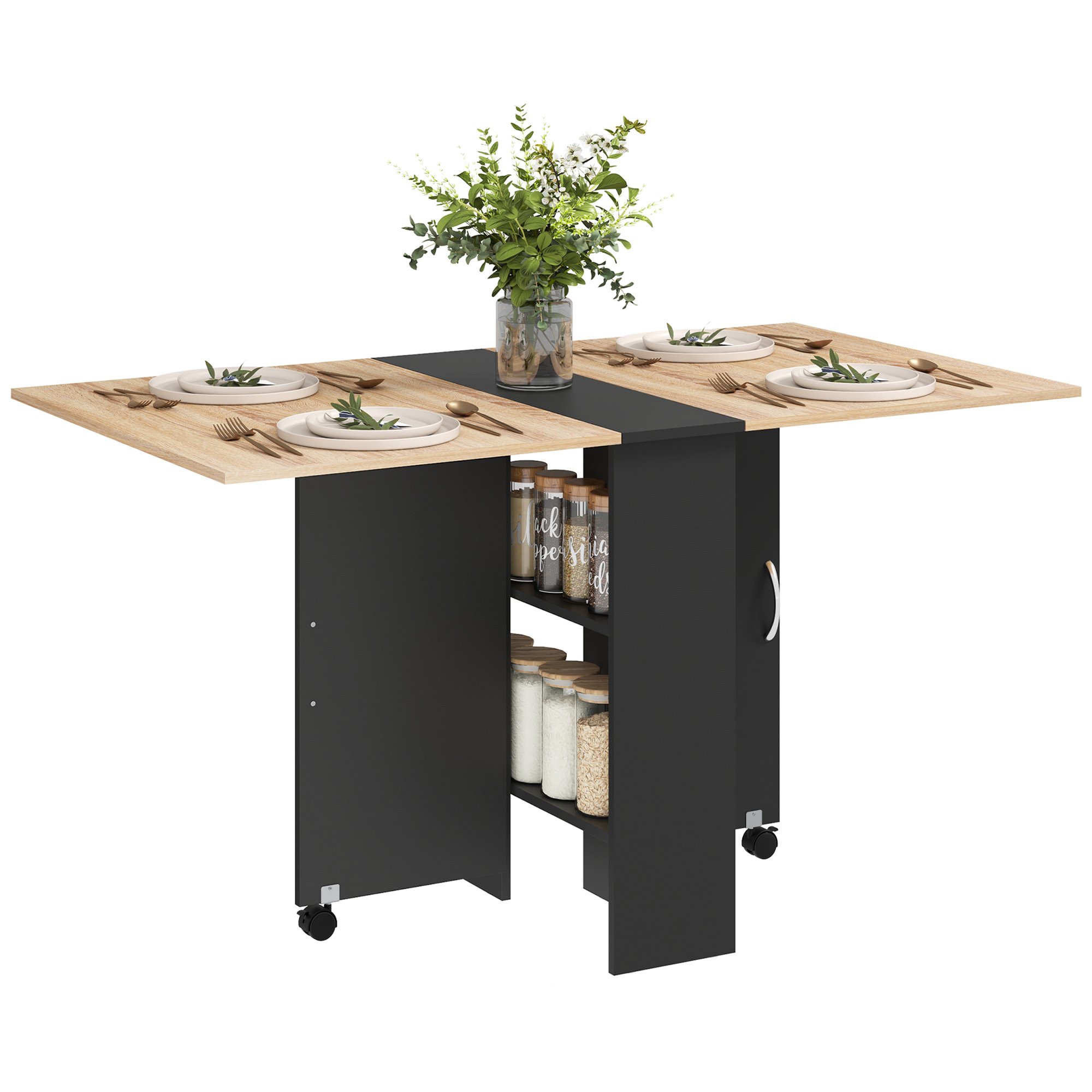HOMCOM Folding Dining Table with 2-Tier Shelves for 4-6 People - Oak and Black