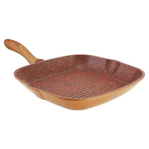 Sovereign Stone 25cm Non-Stick Copper Griddle Pan with Wooden Handles Induction Suitable for use on Gas Electric and Ceramic Hobs