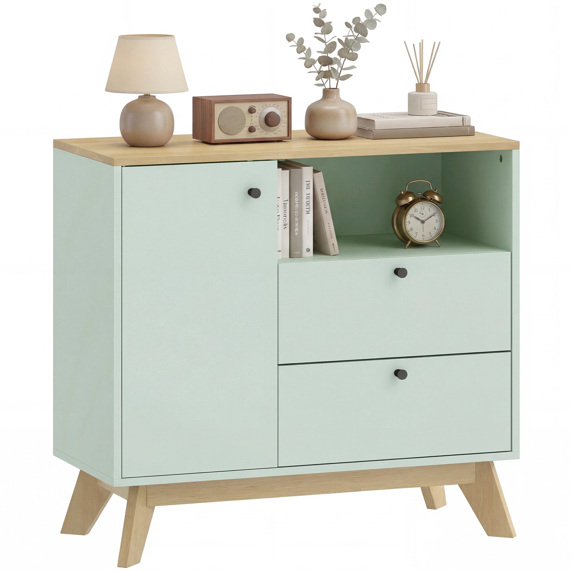 HOMCOM Modern Adjustable Storage Sideboard with 2 Drawers - Light Green and Oak