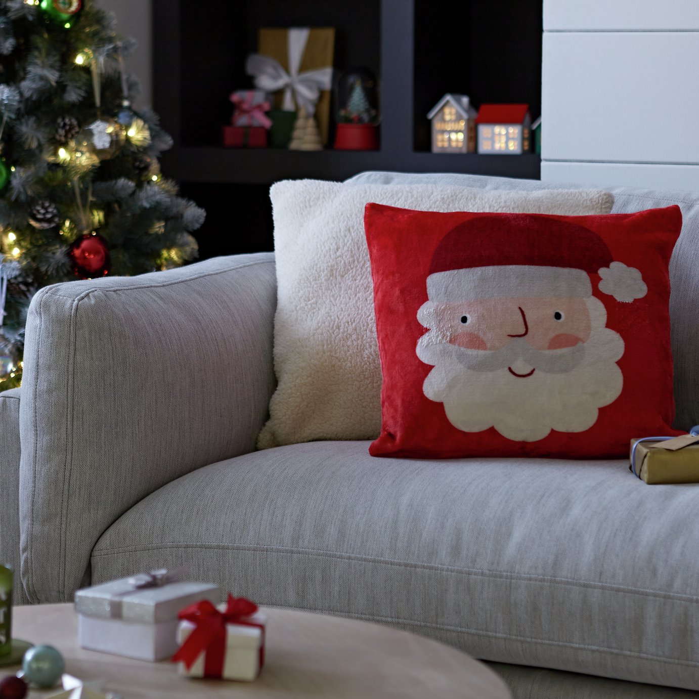 Argos Home Christmas Santa Printed Fleece Cushion -Red&White