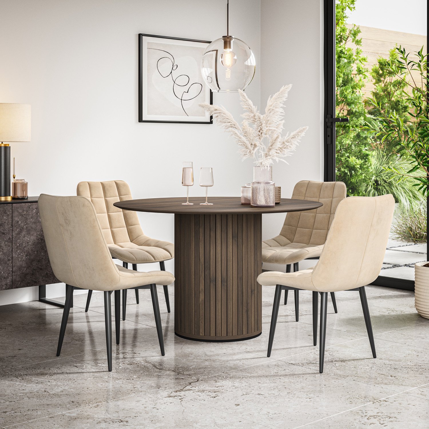 Furniture Online Arlo Nova Walnut Top w Wal Legs Dining Table & 4 Beige Chairs