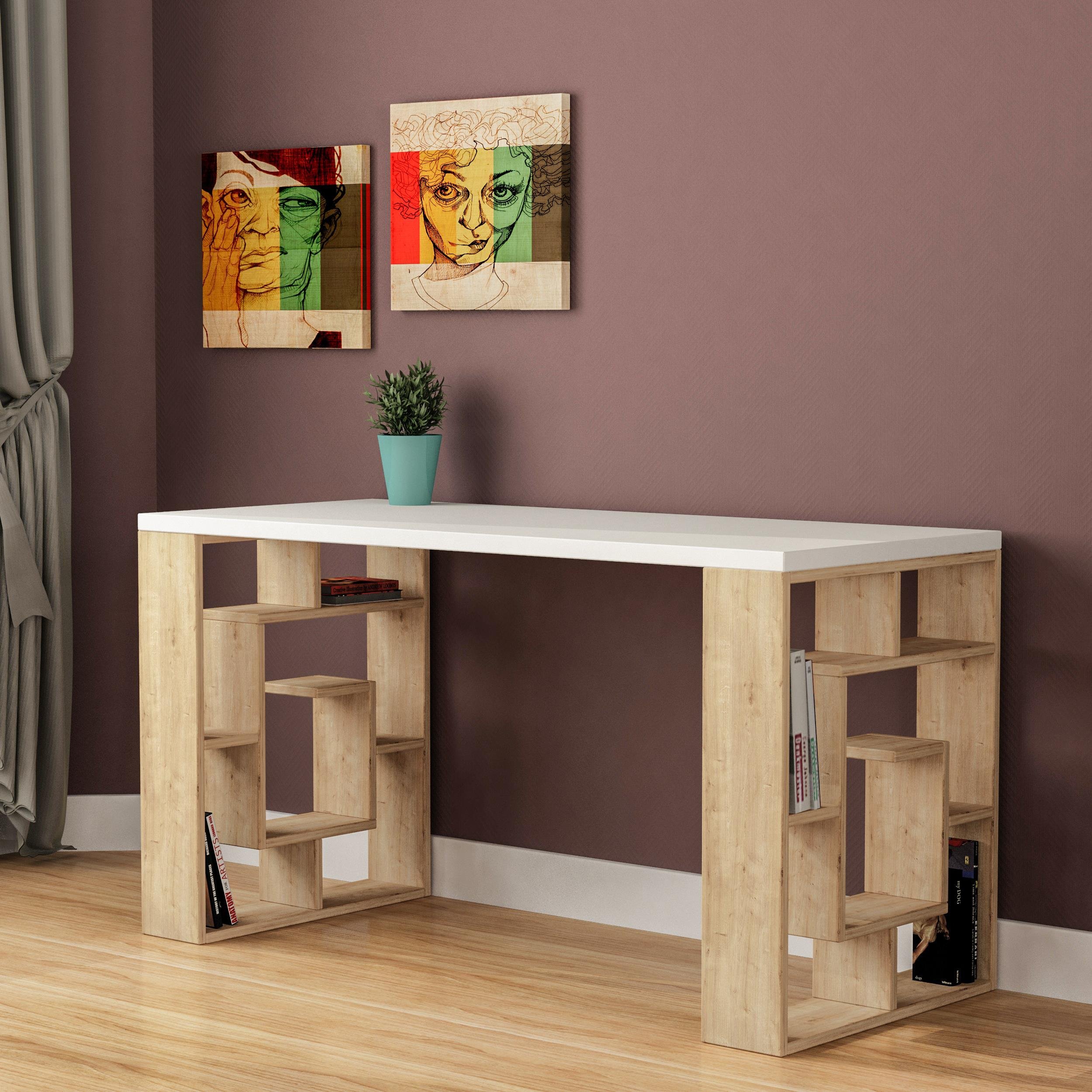 Decortie Labirent Particleboard Desk with Maze Shelf Sides - White & Oak