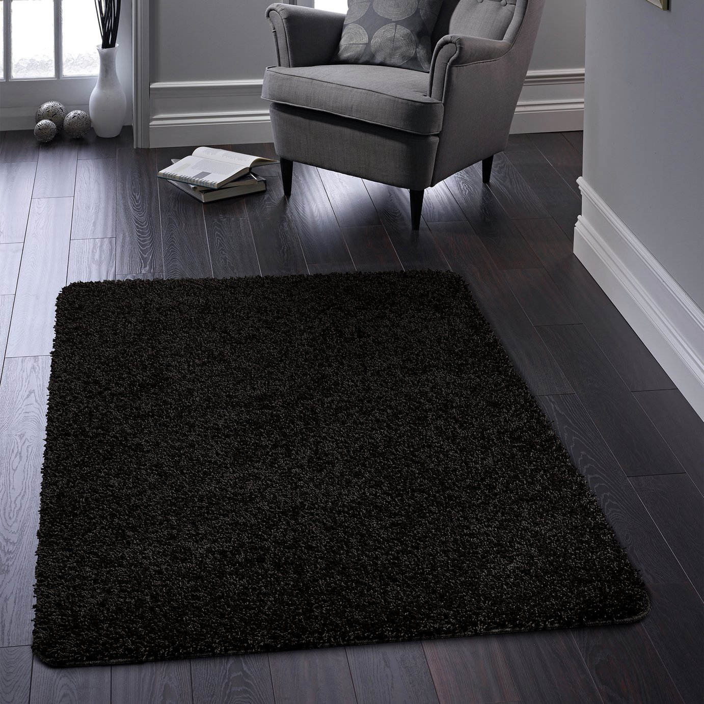 Buddy Washable Mat Plain Black Shaggy Rug - 140x200cm