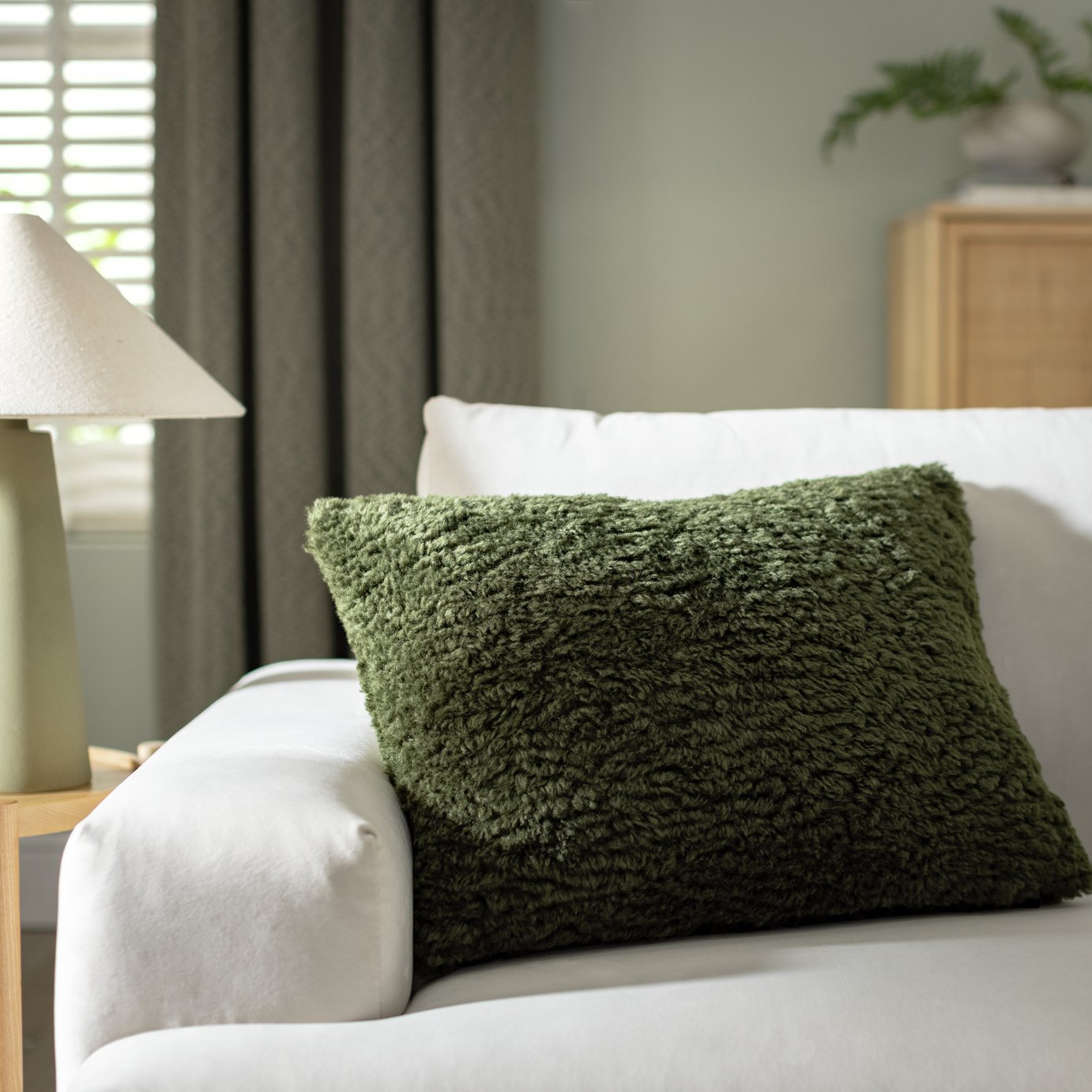 Habitat Shearling Cushion - Moss Green - 55x40cm