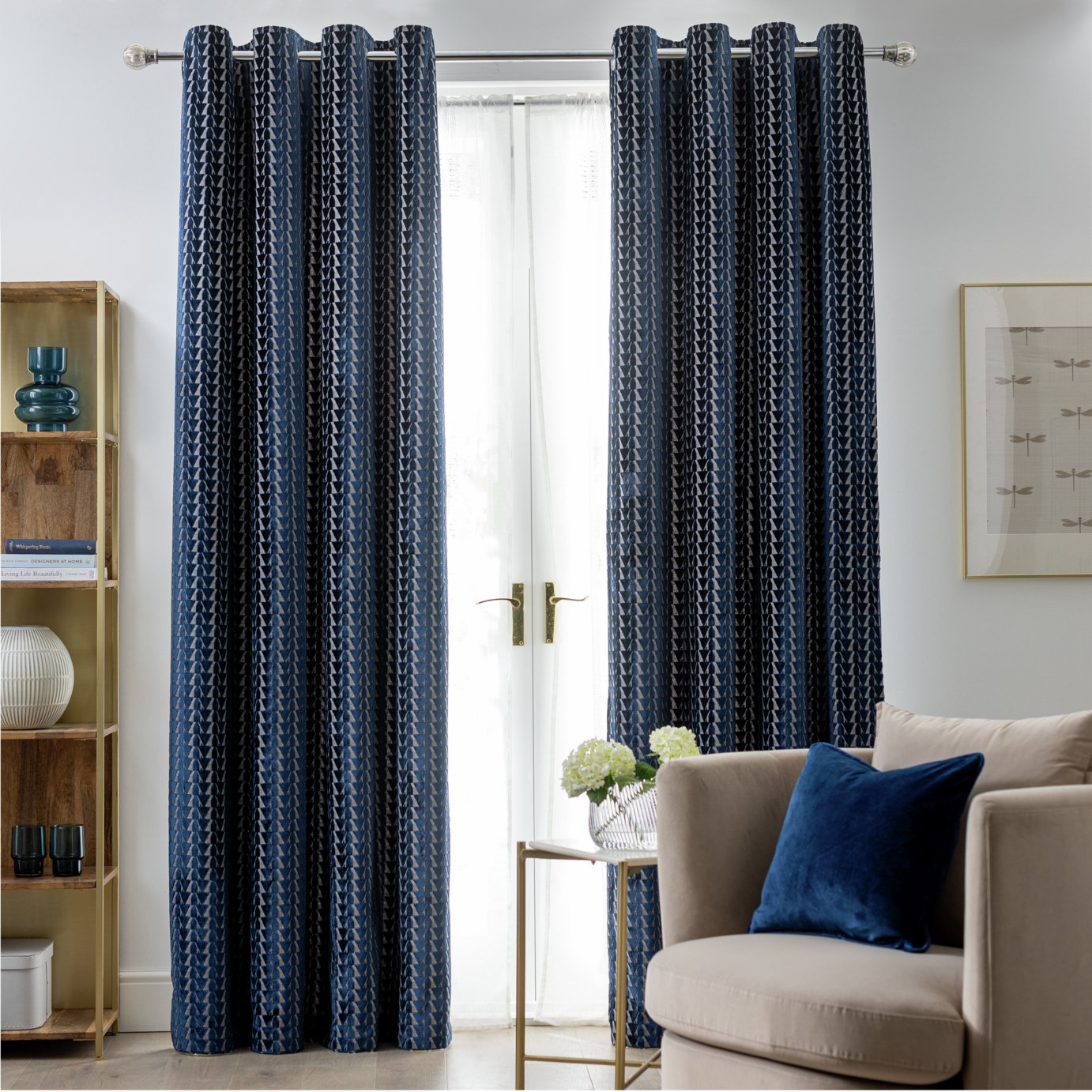 Habitat Velvet Geo Jacquard Lined Eyelet Curtains - Navy