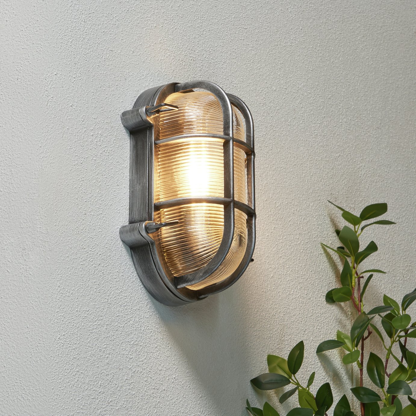 Zink CLAY IP44 Silver Oval Caged Outdoor Bulkhead