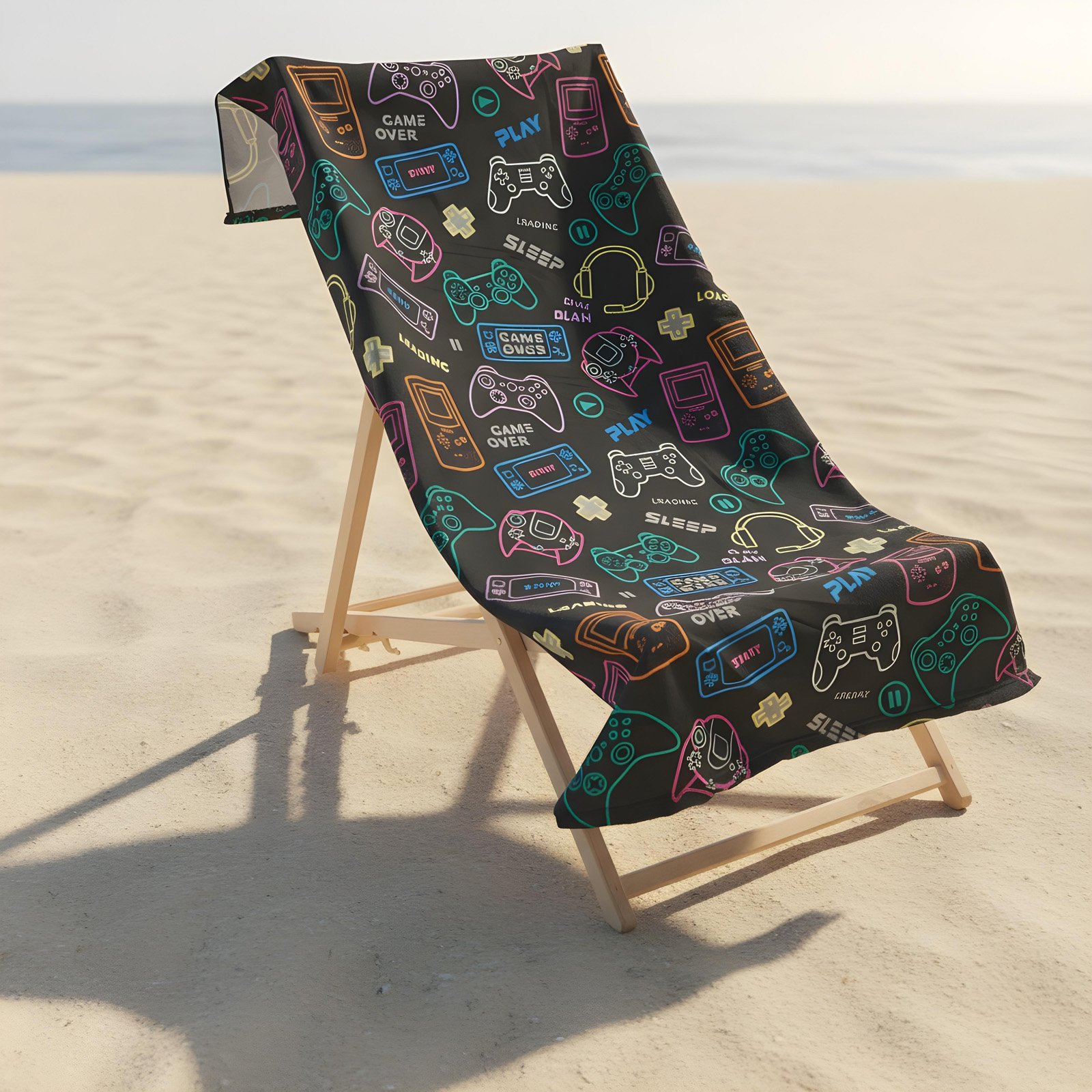 OHS Gaming Print Microfibre Beach Towel - Black