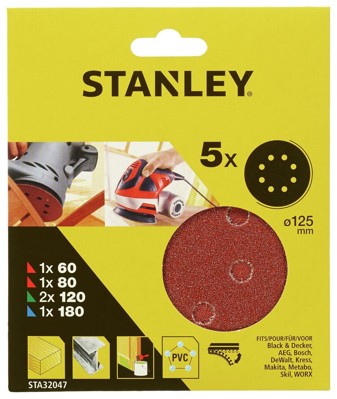 Stanley 125mm  5 Pieces Mixed Sanding Sheets