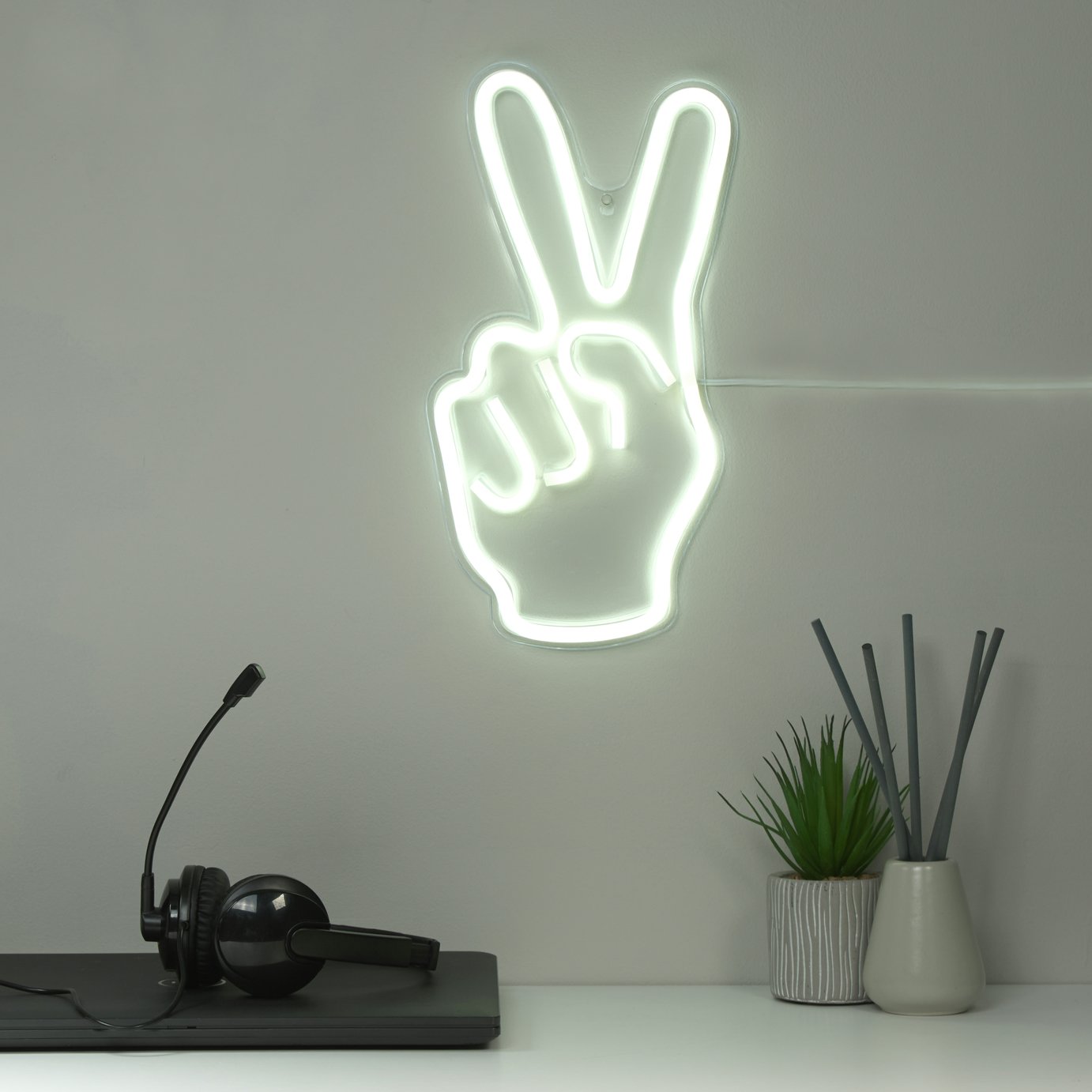 Searchlight Neon Effect Peace Sign Wall Light - White